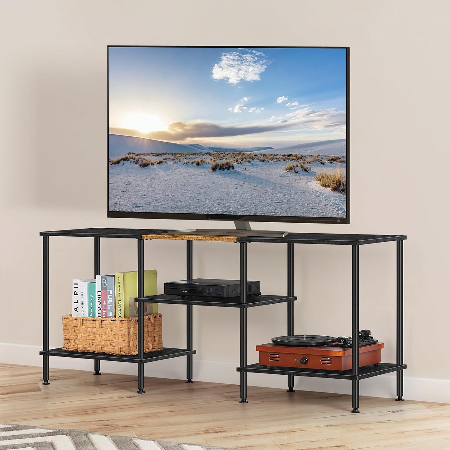 Industrial TV Stand with Storage for 50 inch TV Rustic TV Cabinet with Open Storage Shelf 3 Tier Entertainment Center Wood Console Table with Metal Round Tubes for Living Room Bedroom, Brown