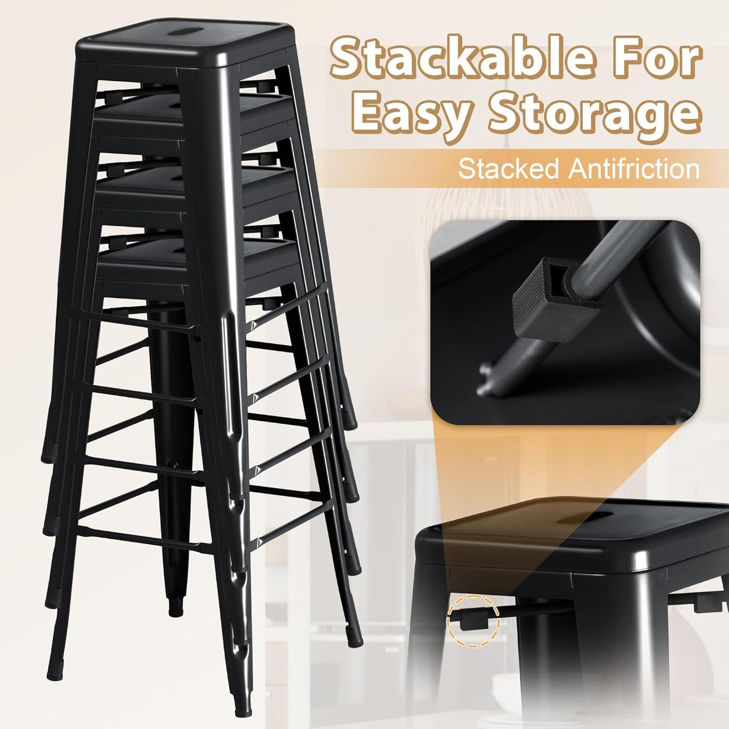 Furmax 30 Inches Metal Bar Stools Bar Height High Backless Stools Indoor Outdoor Stackable Kitchen Stools Set of 4 (Dark Black)