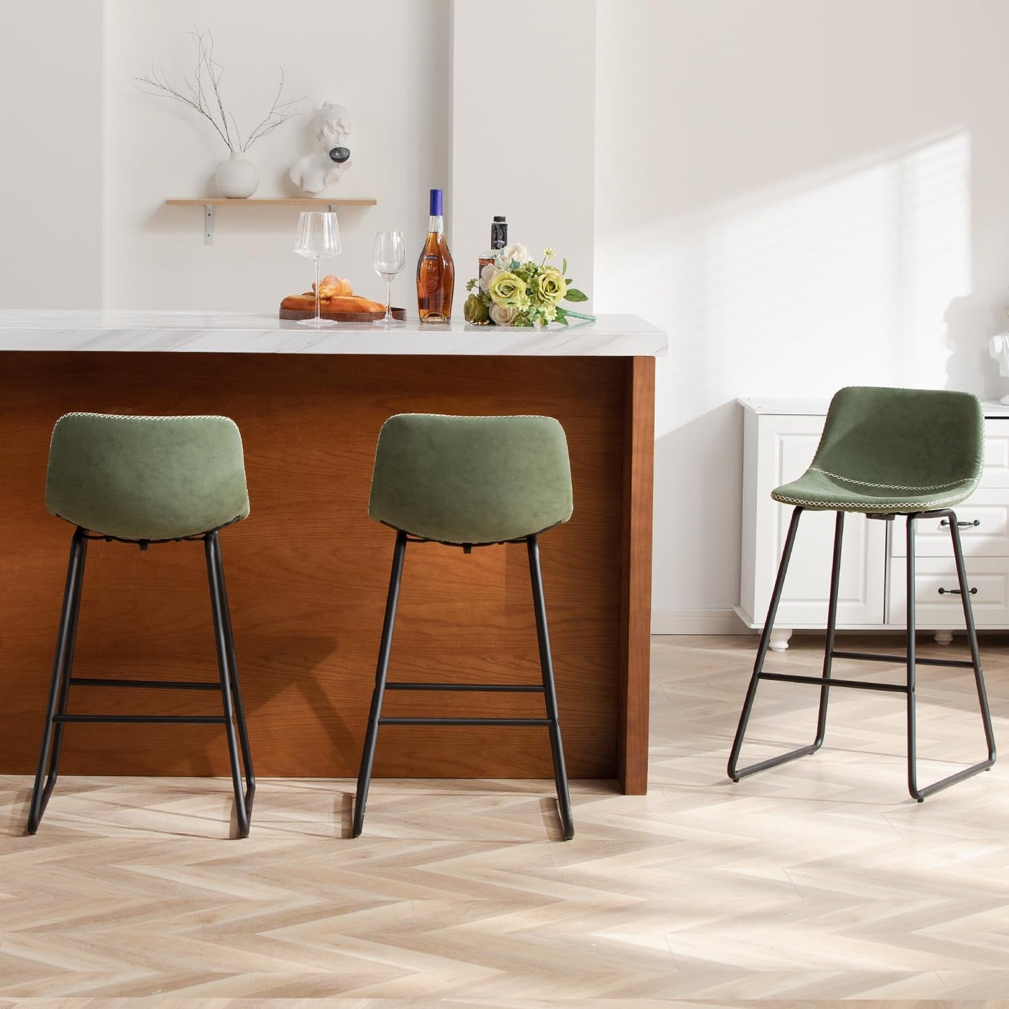 HeuGah Bar stools Set of 2,Faux Leather Counter Height Bar Stools,Dining Room Chairs with Metal Legs & Soft Backrest Easy to Assemble