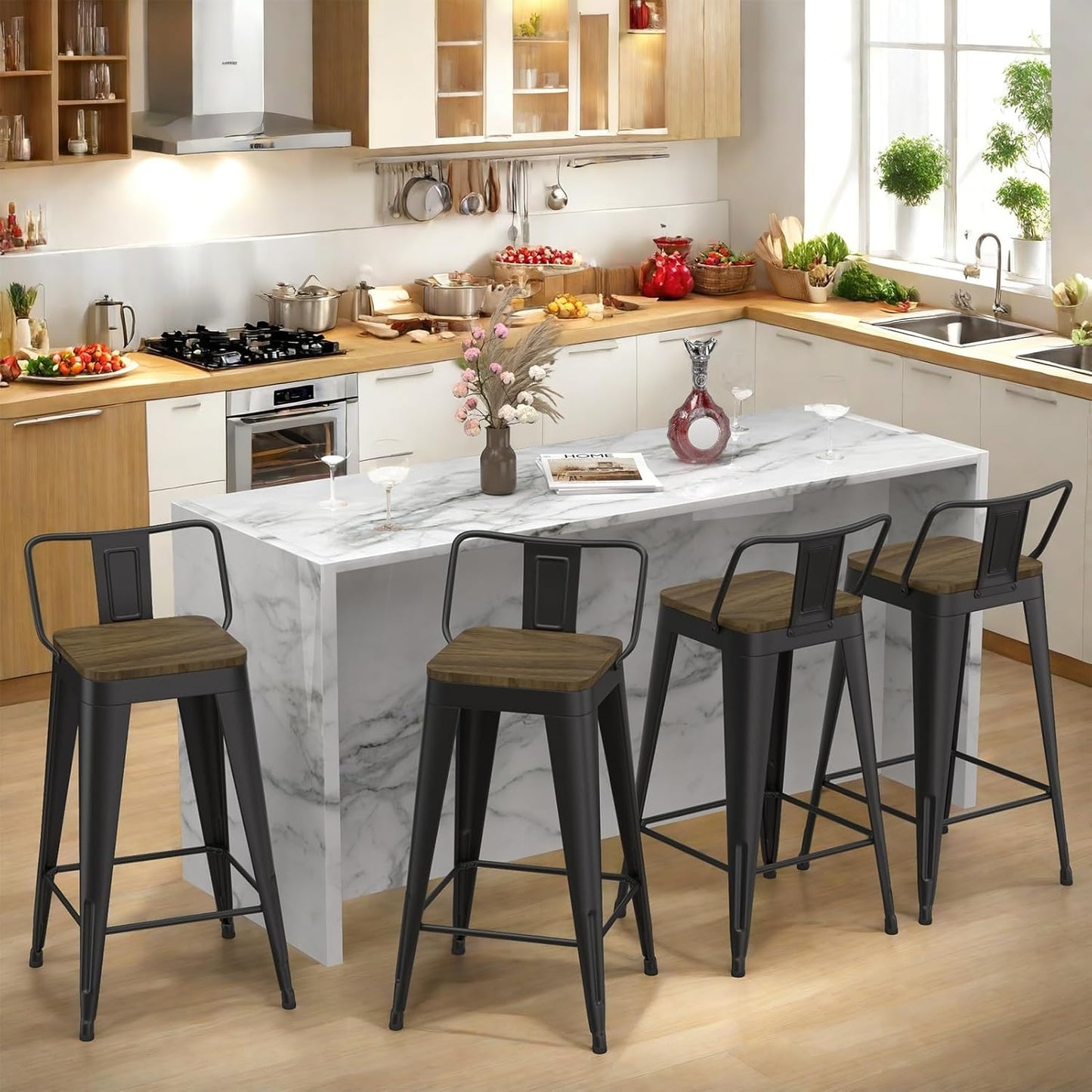 24 Inch Metal Bar Stools Set of 4, Counter Height Bar Stools with Low Back,Modern Industrial Bar Chairs for Kitchen (Matte Black)
