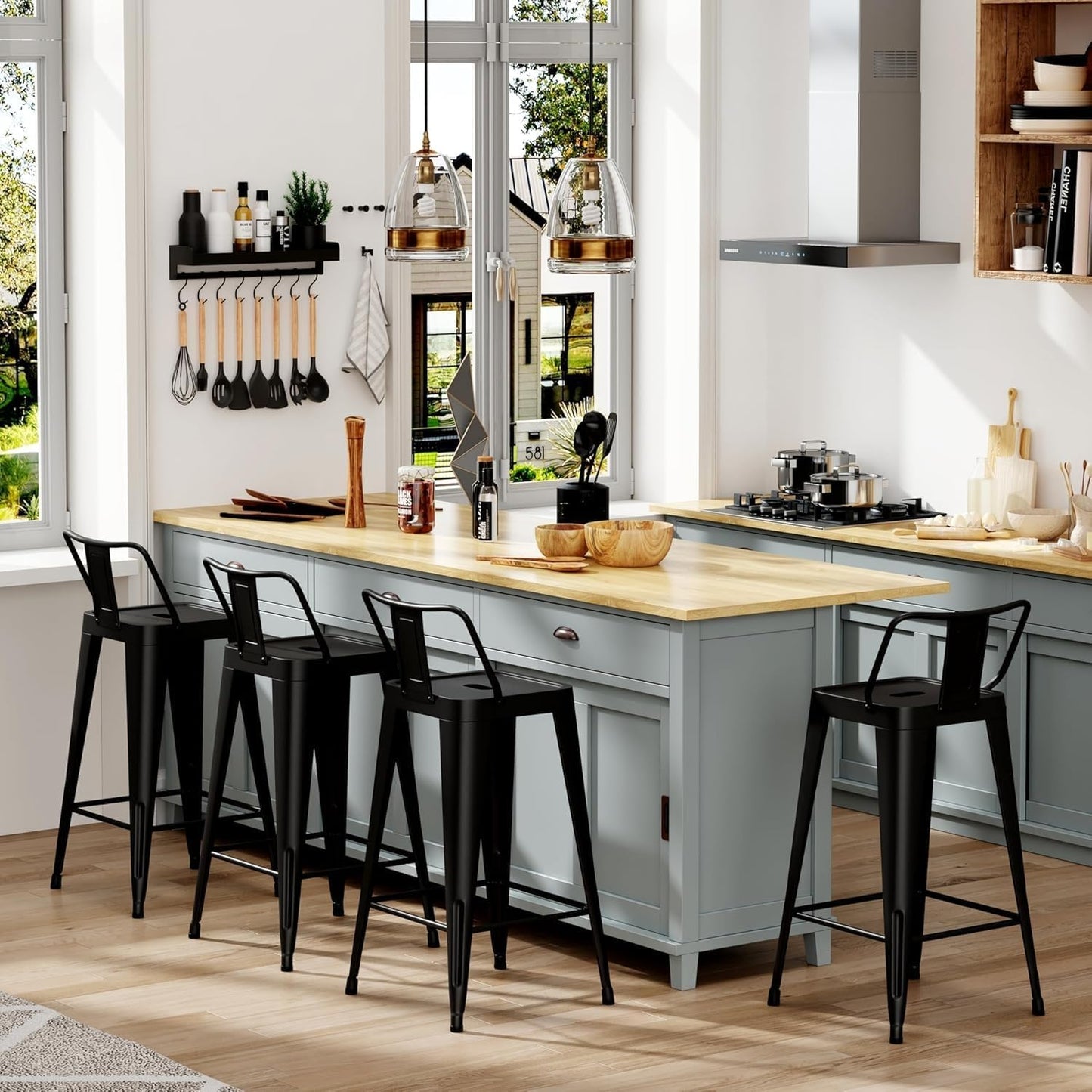 Metal Bar Stools Set of 4 Barstools Indoor/Outdoor Counter Height Bar Stools Bar Chairswith Back Counter Height for Kitchen Island Dining Room (Black, 26inch)