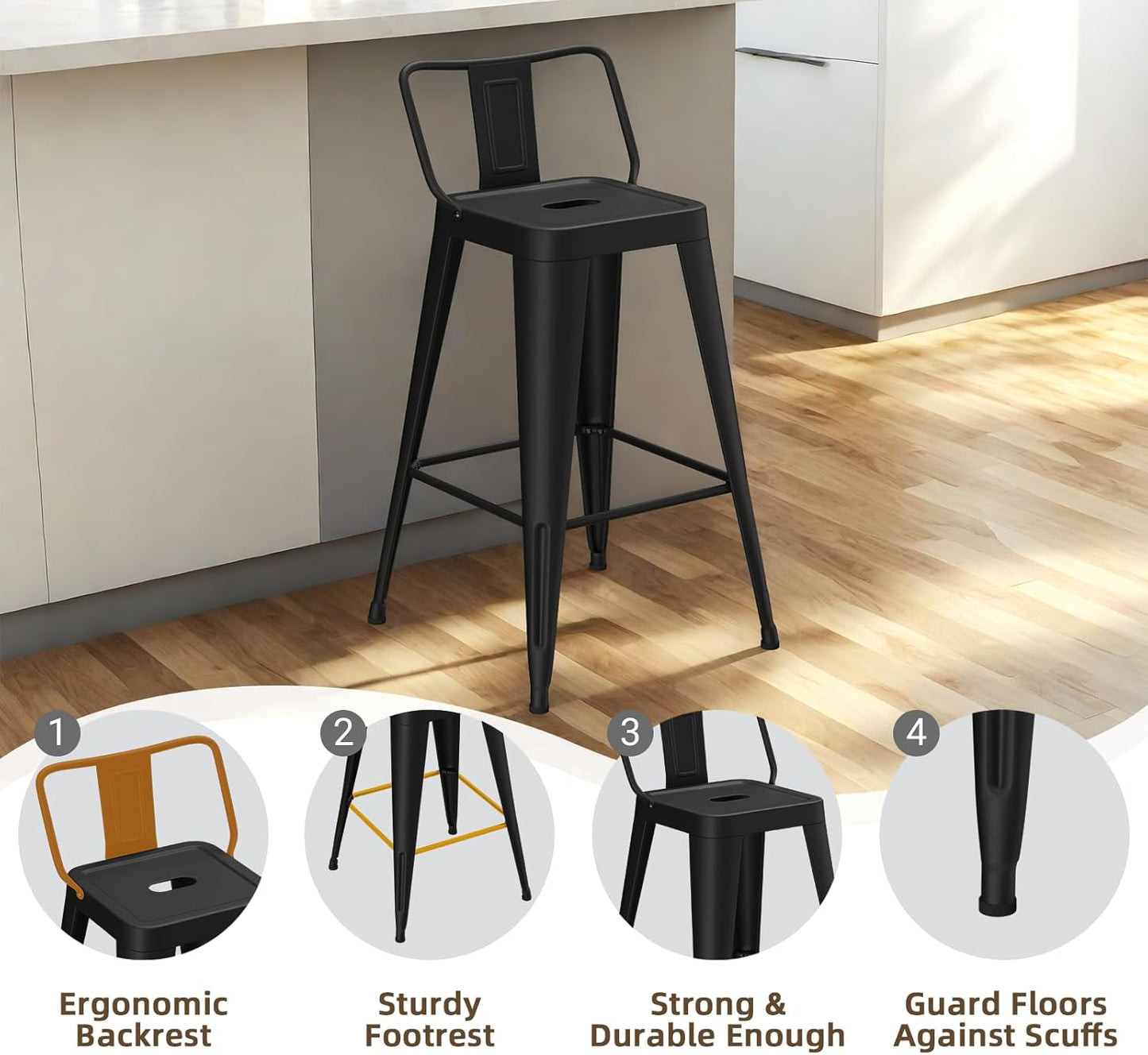 24 Inch Metal Bar Stools Set of 4, Counter Height Bar Stools with Low Back,Modern Industrial Bar Chairs for Kitchen (Matte Black)