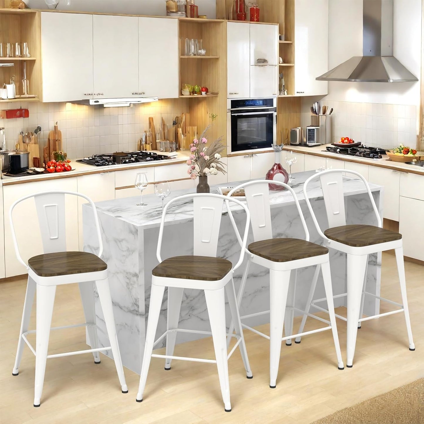 24 Inch Metal Bar Stools Set of 4, Counter Height Bar Stools with Low Back,Modern Industrial Bar Chairs for Kitchen (Matte Black)