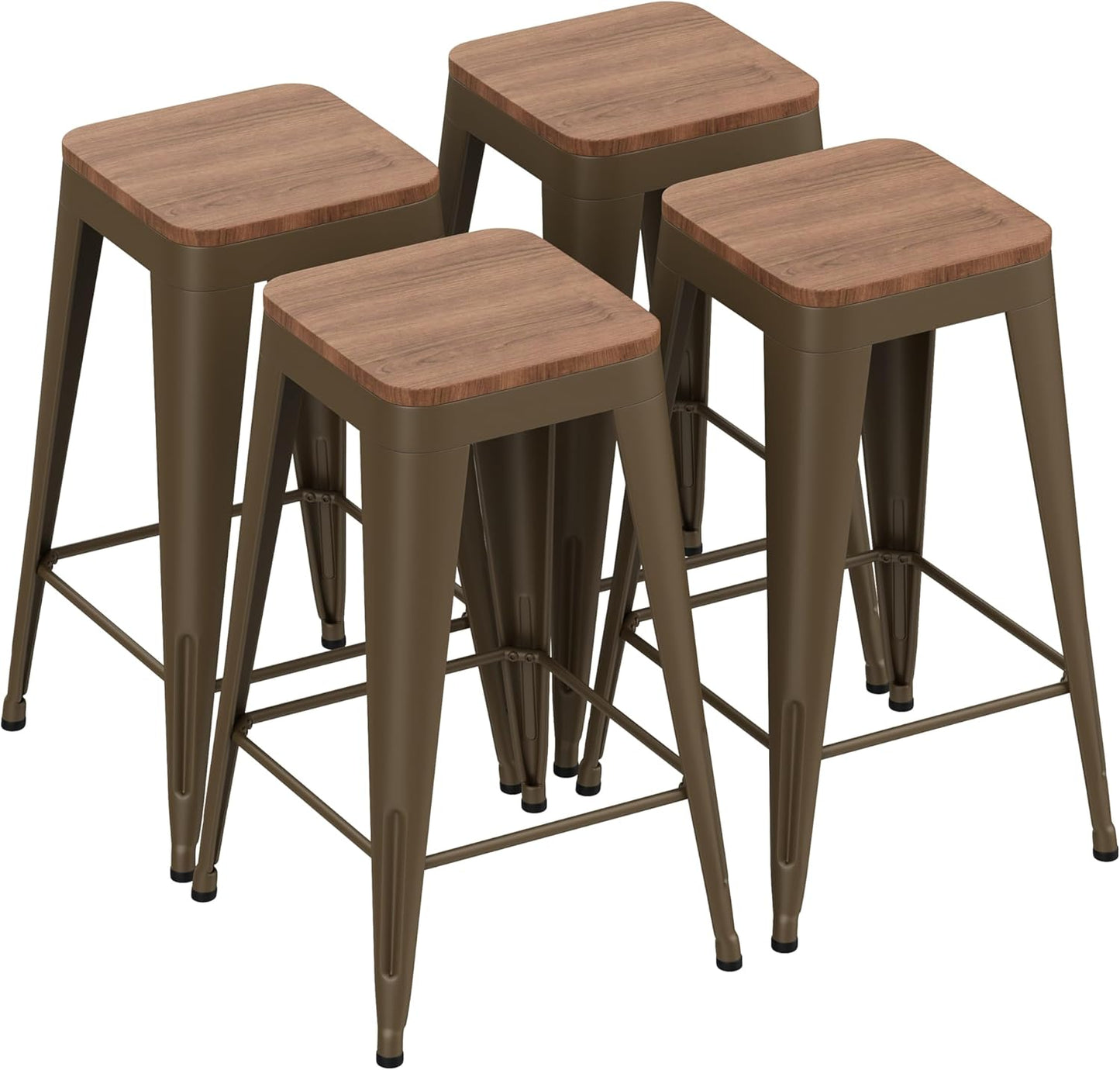 Barstools Set of 4 White Metal Bar Stools Industrial Modern Bar Chairs with Wood Top for Kitchen Island Counter Height Cafe Resturant Stools (Black Without Back, 26 inch Counter Height)