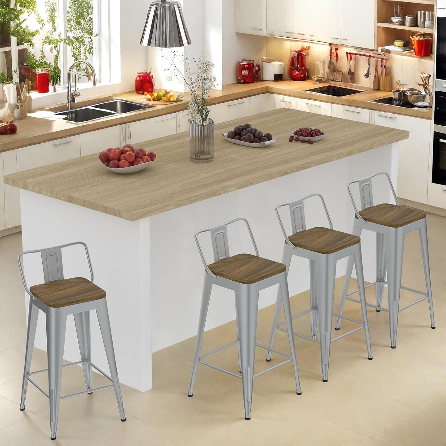 24 Inch Metal Bar Stools Set of 4, Counter Height Bar Stools with Low Back,Modern Industrial Bar Chairs for Kitchen (Matte Black)