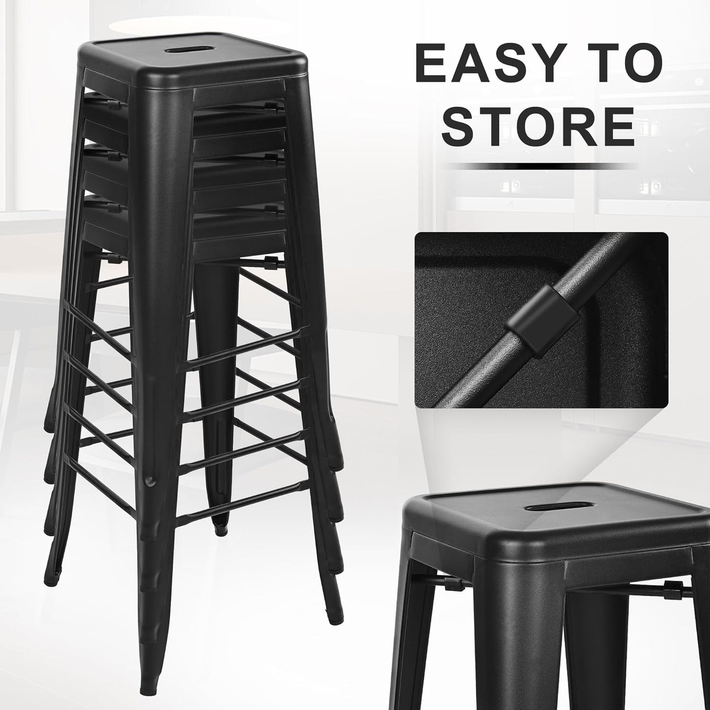 30 Inches Metal Bar Stools, High Backless Stools, Indoor Outdoor Stackable Kitchen Stools, Set of 4, Graphite