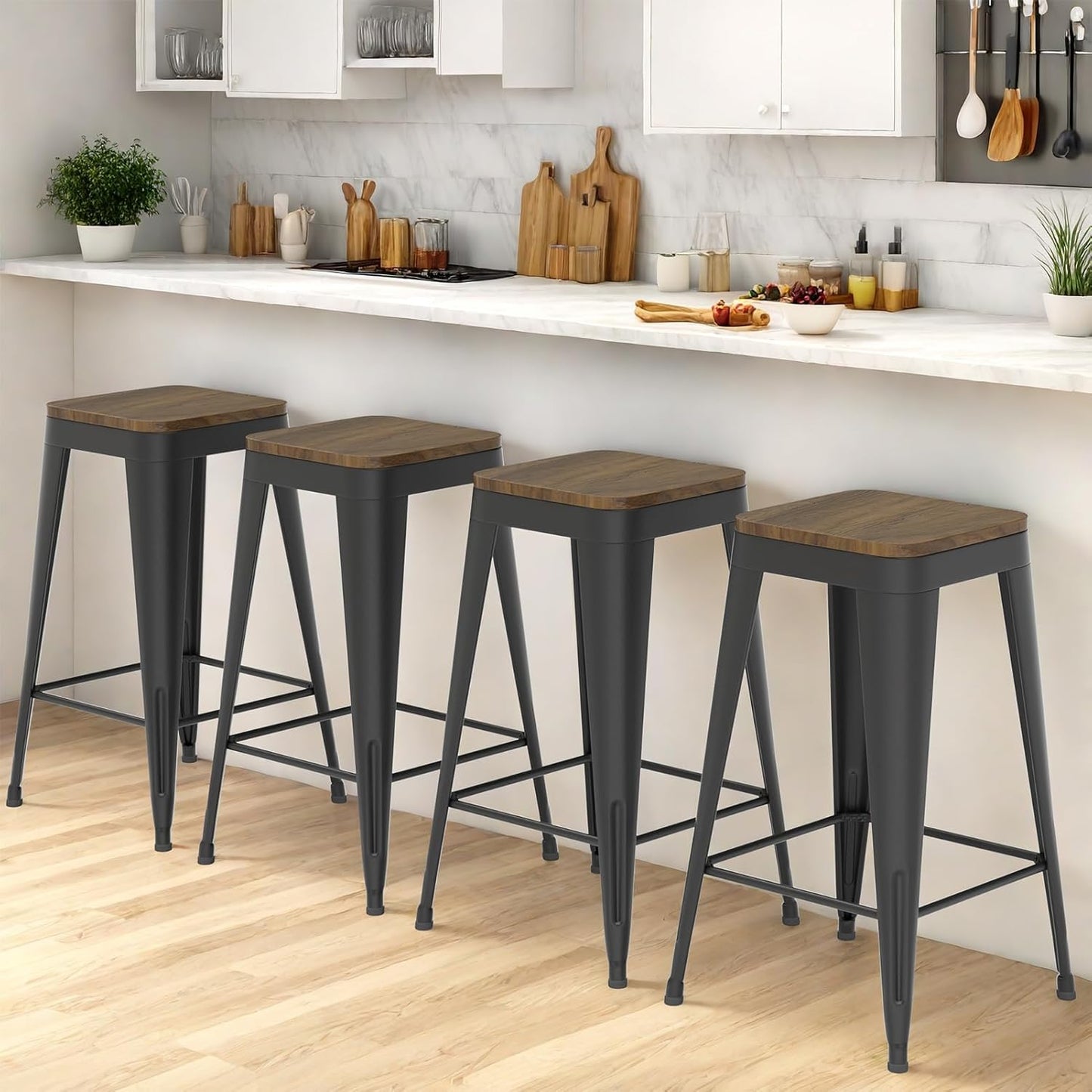 24 Inch Metal Bar Stools Set of 4, Counter Height Bar Stools with Low Back,Modern Industrial Bar Chairs for Kitchen (Matte Black)