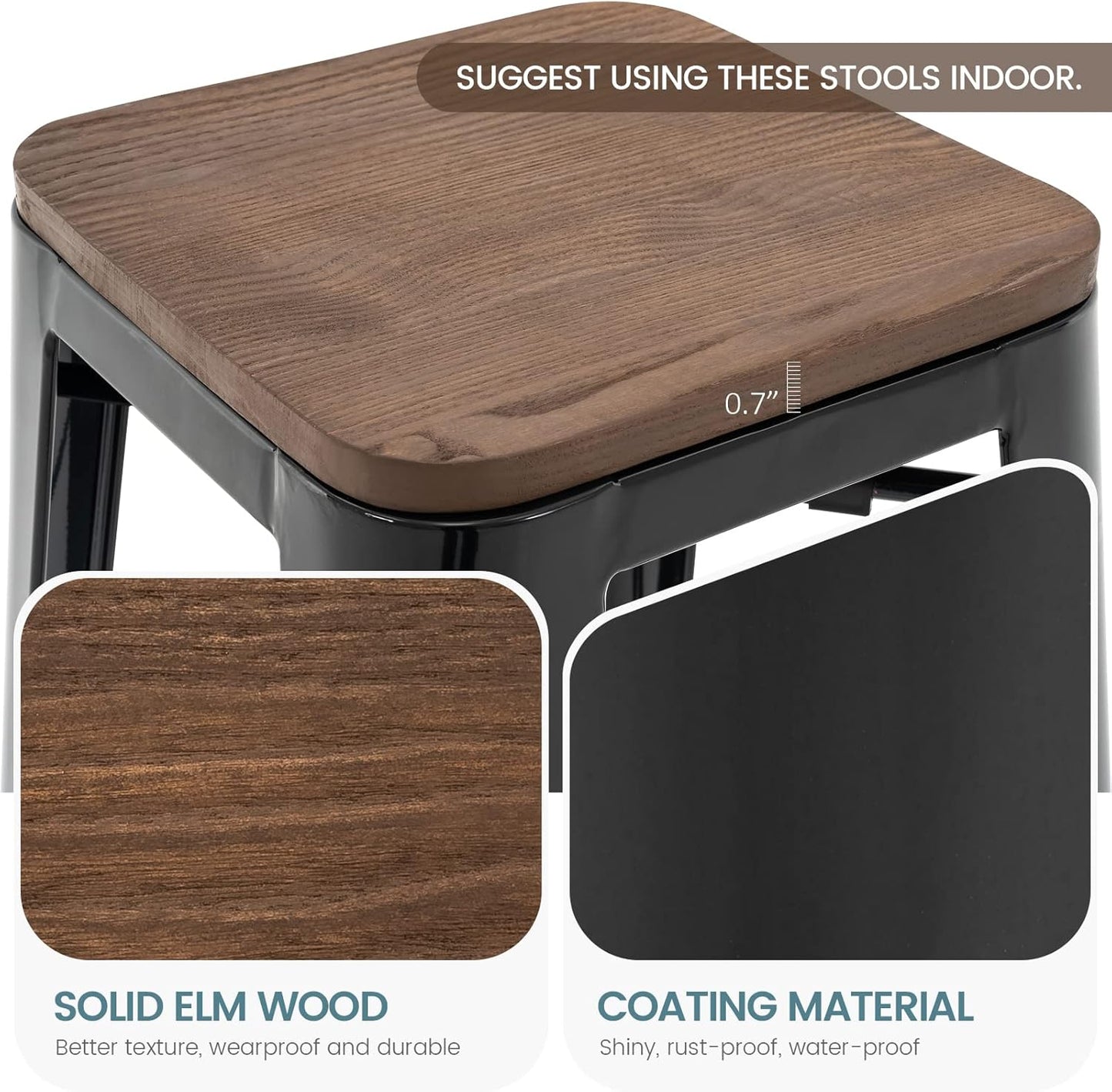 Brage Living 30 Inch Metal Bar Stools with Square Solid Elm Wood Seat Top, Backless Stackable Industrial Barstools Set of 2 (Black)