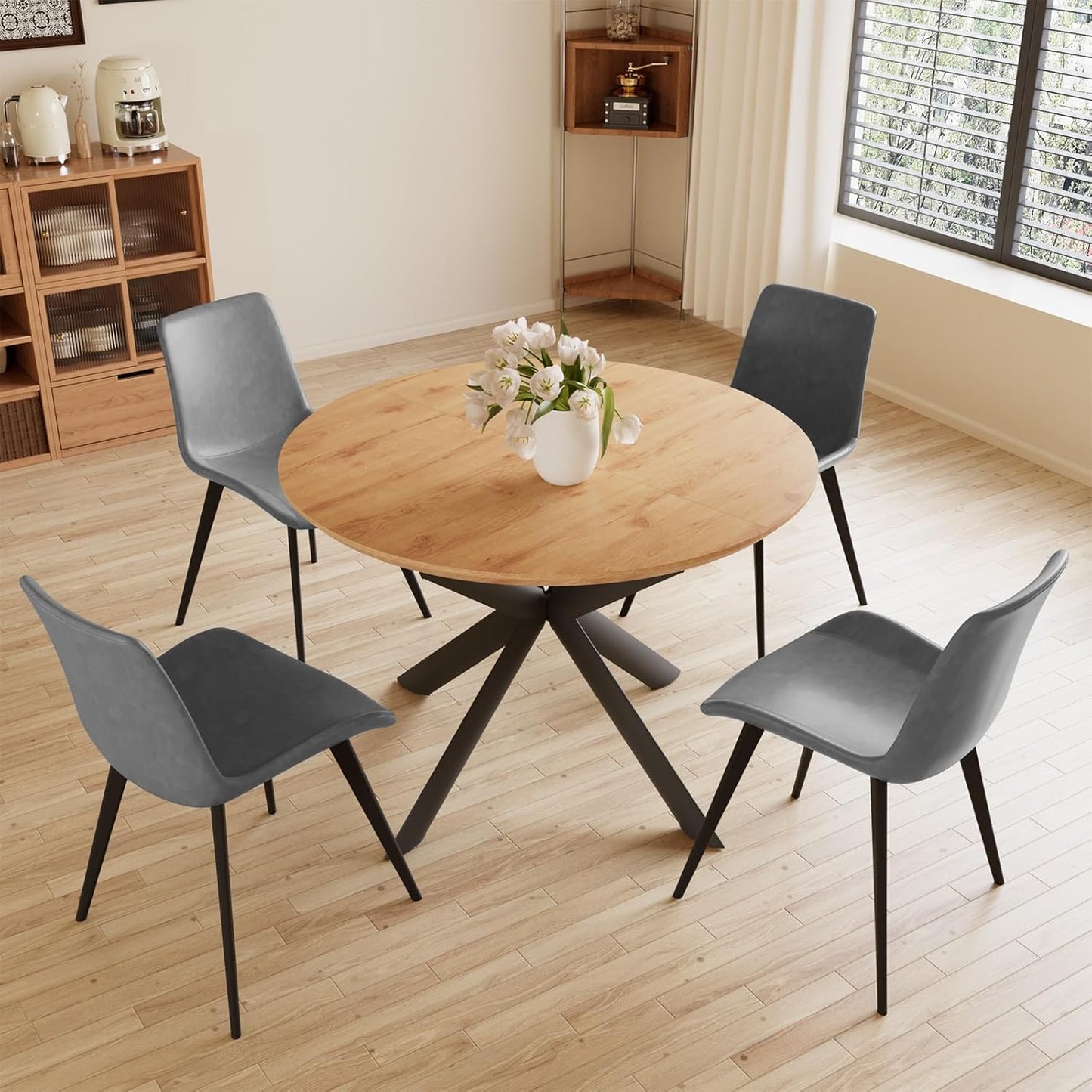 43.2"-59.1" Extendable Round Dining Table, Mid Century Modern Wooden Round Table, Leisure Oak Coffee Table,Saving Space