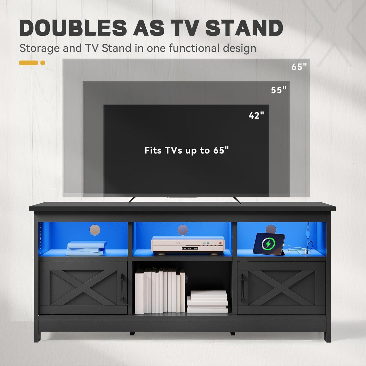 YITAHOME TV Stand for 65 Inch TVs, Entertainment Center with Storage Cabinets, Power Outlet & LED Light, Media TV Console with Barn Doors for Living Room, Black