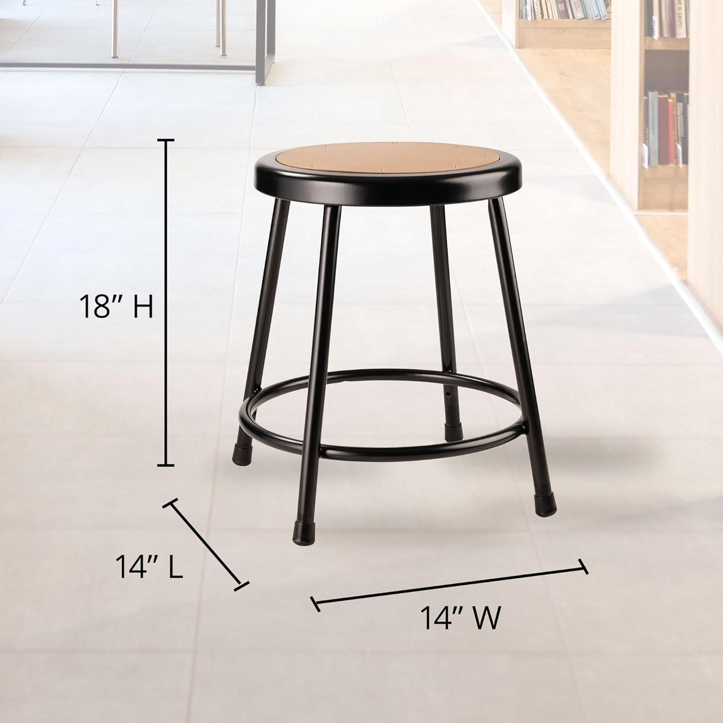 National Public Seating 6200 Series Heavy Duty 18 Inch Steel Stool with 1 Inch Round Seat Pan Supports up to 500 Pounds, Black Frame and Legs