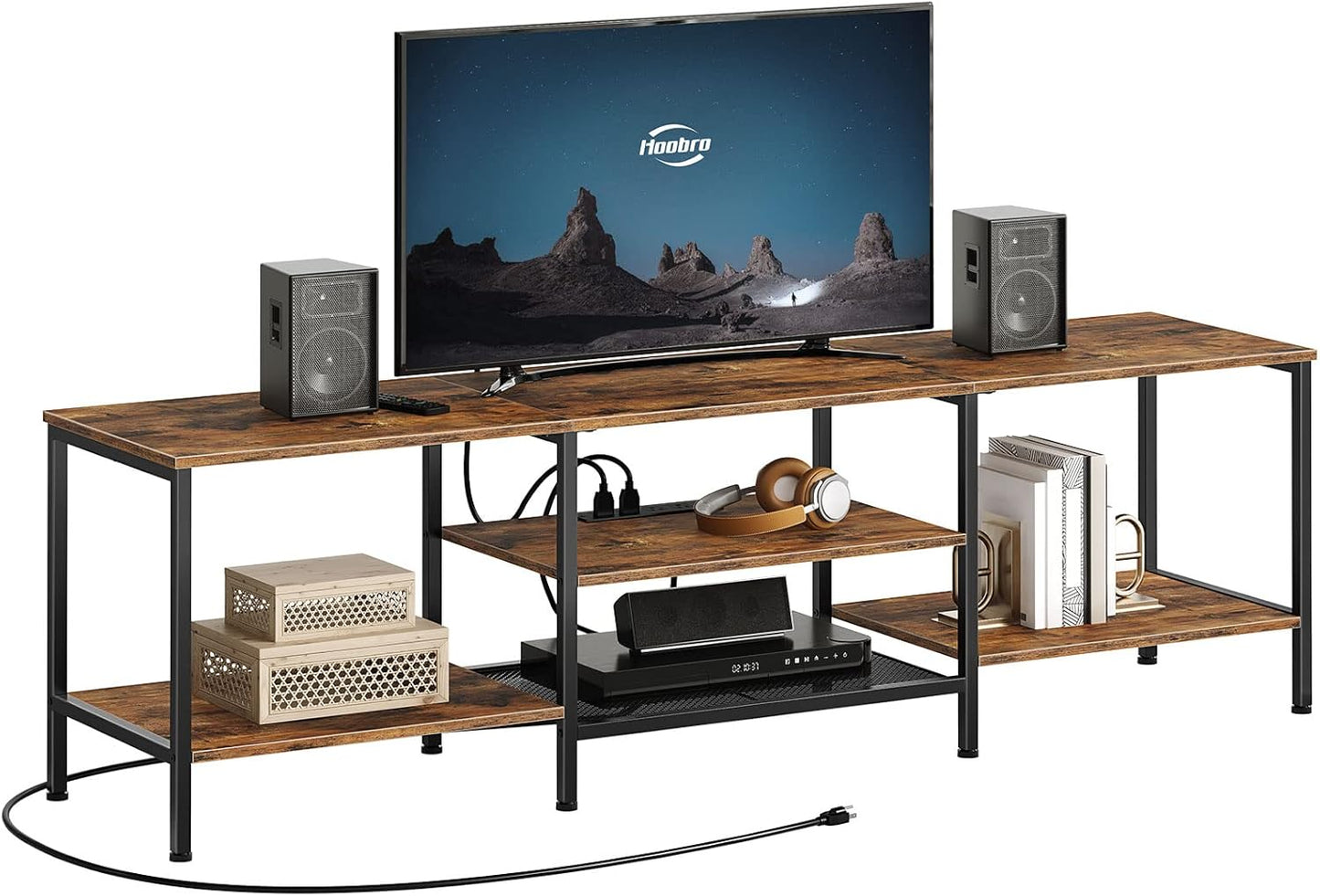 HOOBRO TV Stand with Power Outlets to 65 Inches, TV Console Table with Open Storage Shelves, Industrial Media Entertainment Center for Living Room Bedroom, Rustic Brown and Black BF40DS01