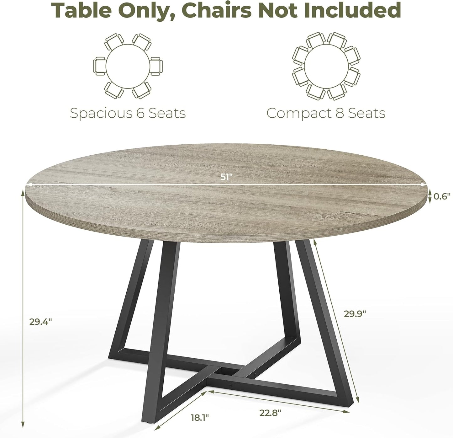 IRONCK 51" Round Dining Table for 6, Wood Kitchen Table with Metal Base, Space Saving Industrial Circle Dinner Table for Kitchen Dining Room, Gray