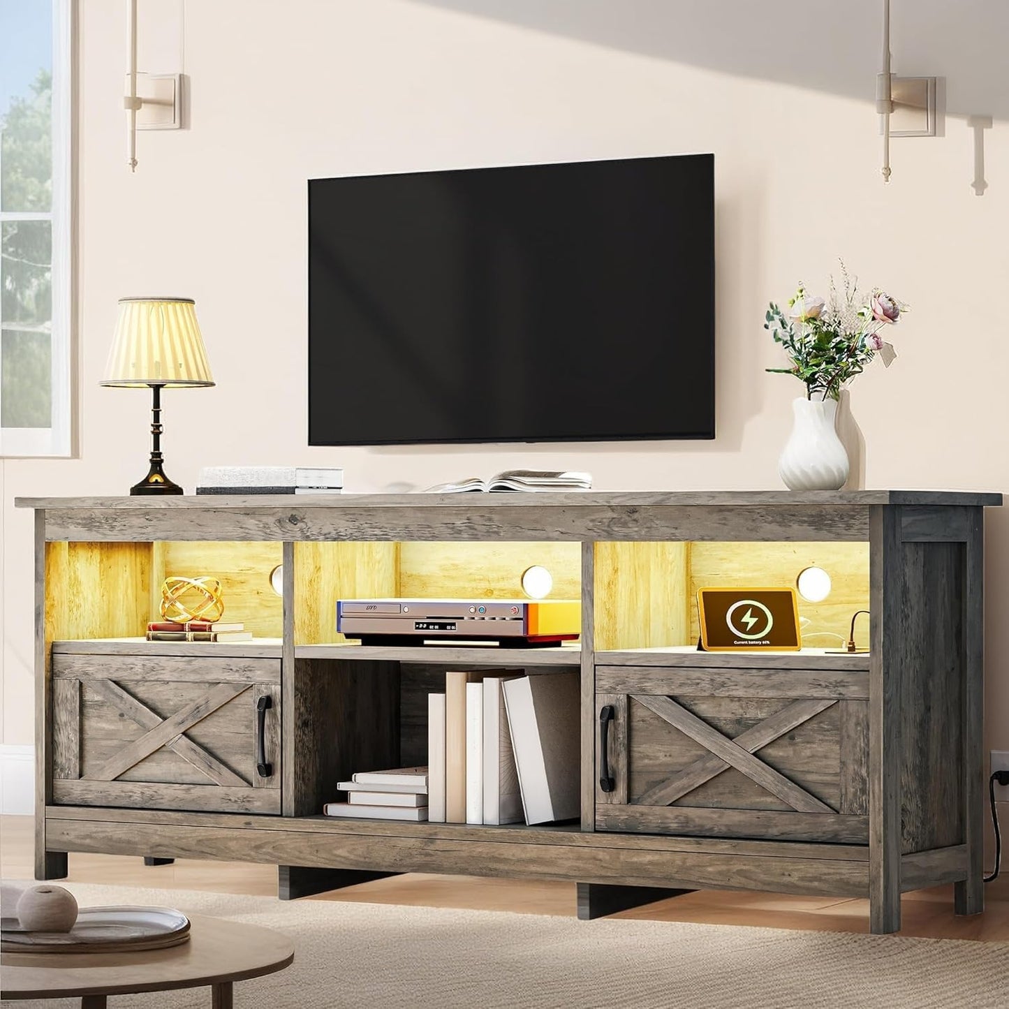 YITAHOME TV Stand for 65 Inch TVs, Entertainment Center with Storage Cabinets, Power Outlet & LED Light, Media TV Console with Barn Doors for Living Room, Black
