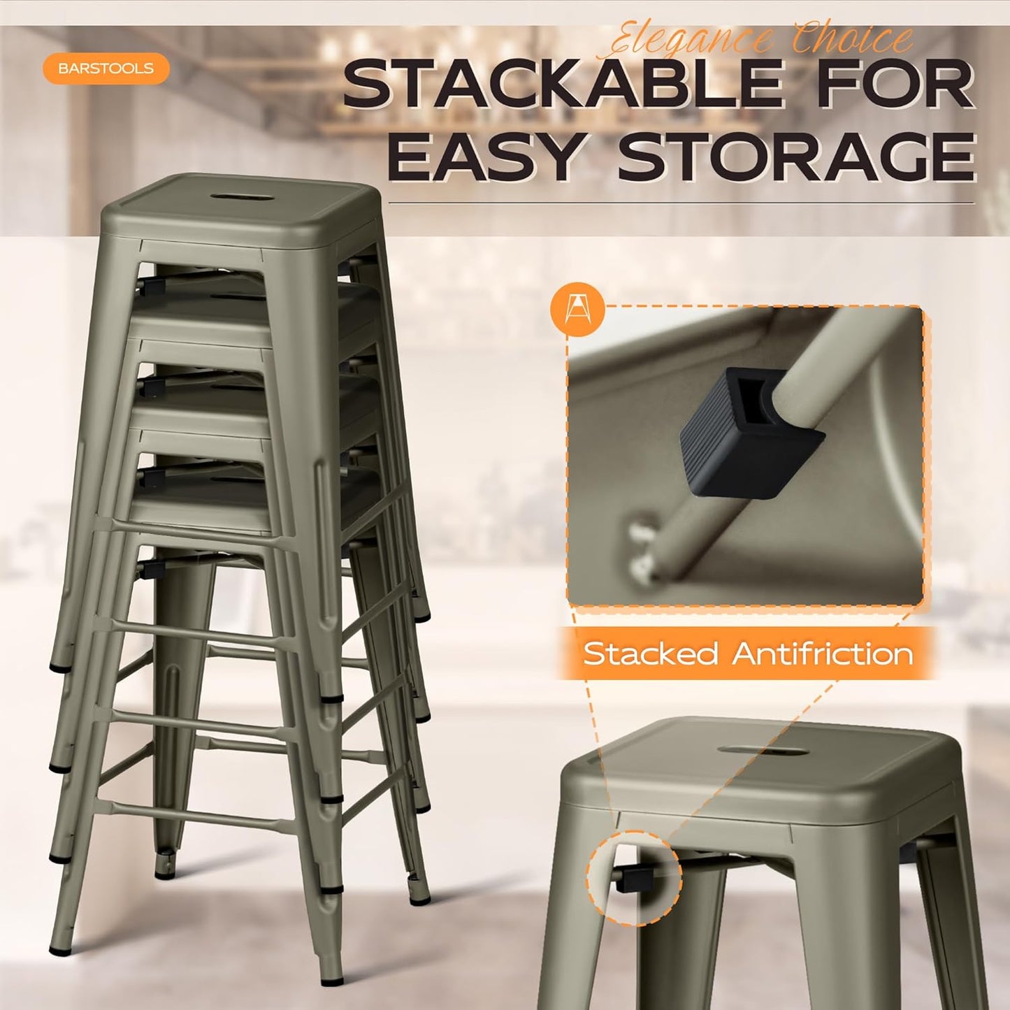 Furmax High Backless Silver Indoor-Outdoor Counter Height Stackable Bar Stools, Set of 4, Gun Metal