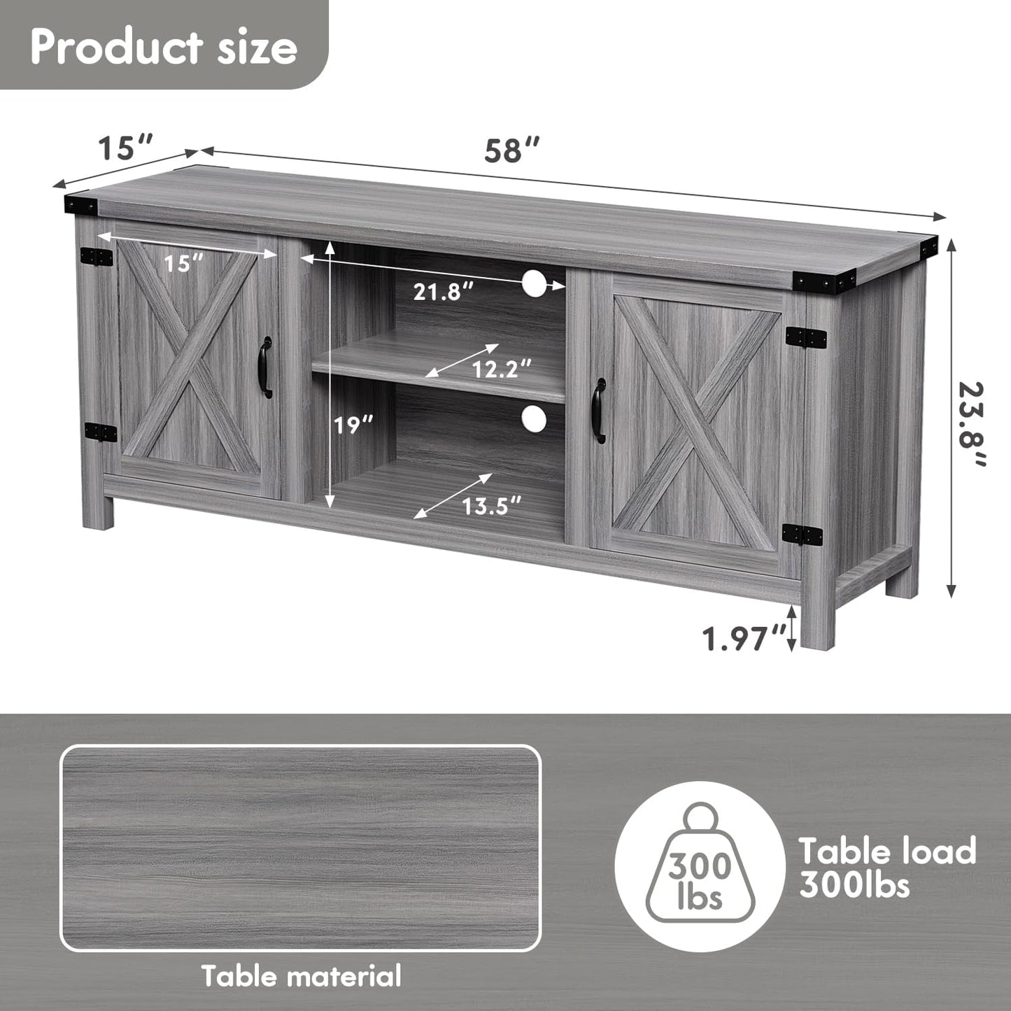 YESHOMY Modern Farmhouse TV Stand with Two Barn Doors and Storage Cabinets for Televisions up to 65+ Inch, Entertainment Center Console Table, Media Furniture for Living Room, 58 Inch, Gray Wash