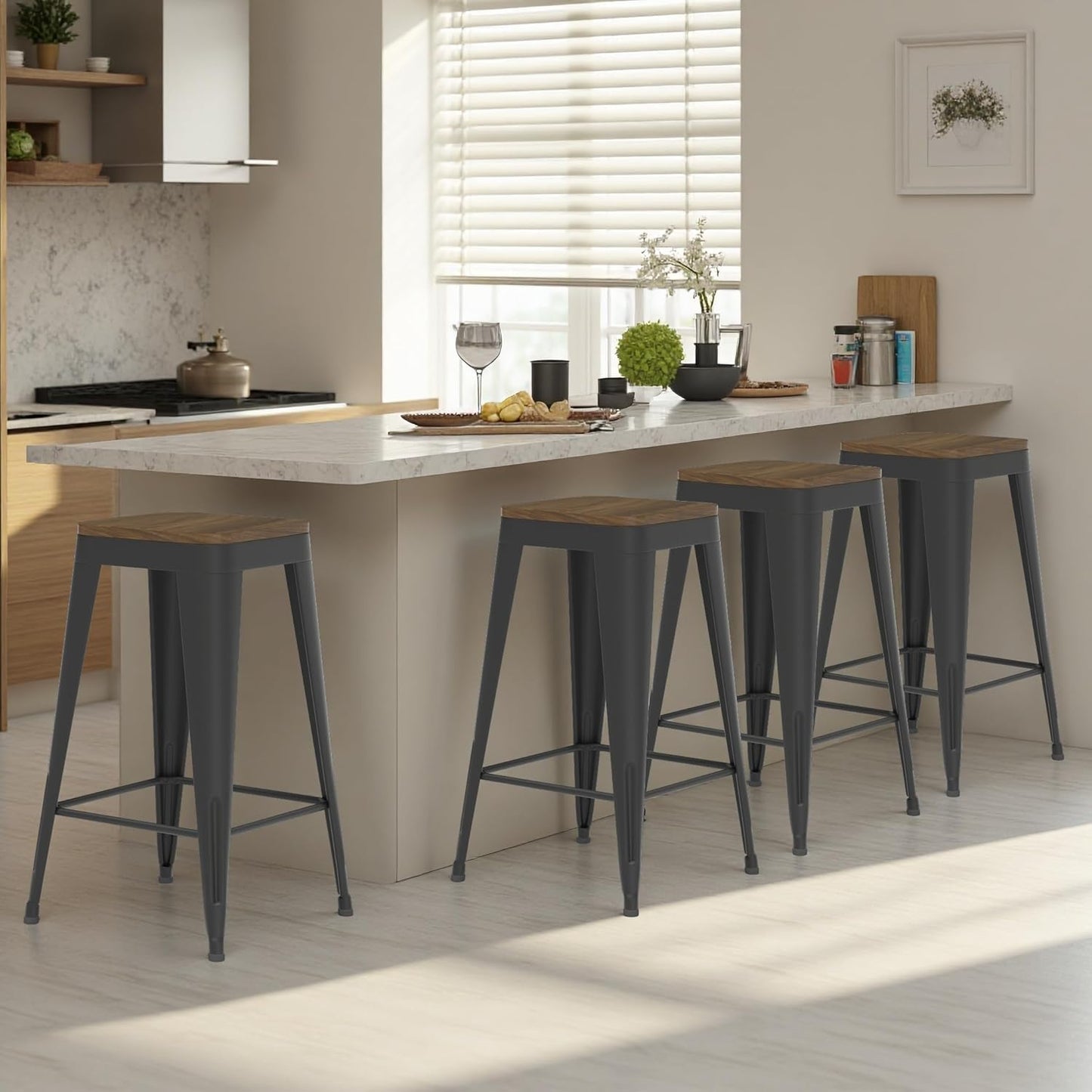 Black Bar Stools Set of 4, Metal Bar Stools with Wooden Seat, Modern 24”Counter Height Barstools with Low Back