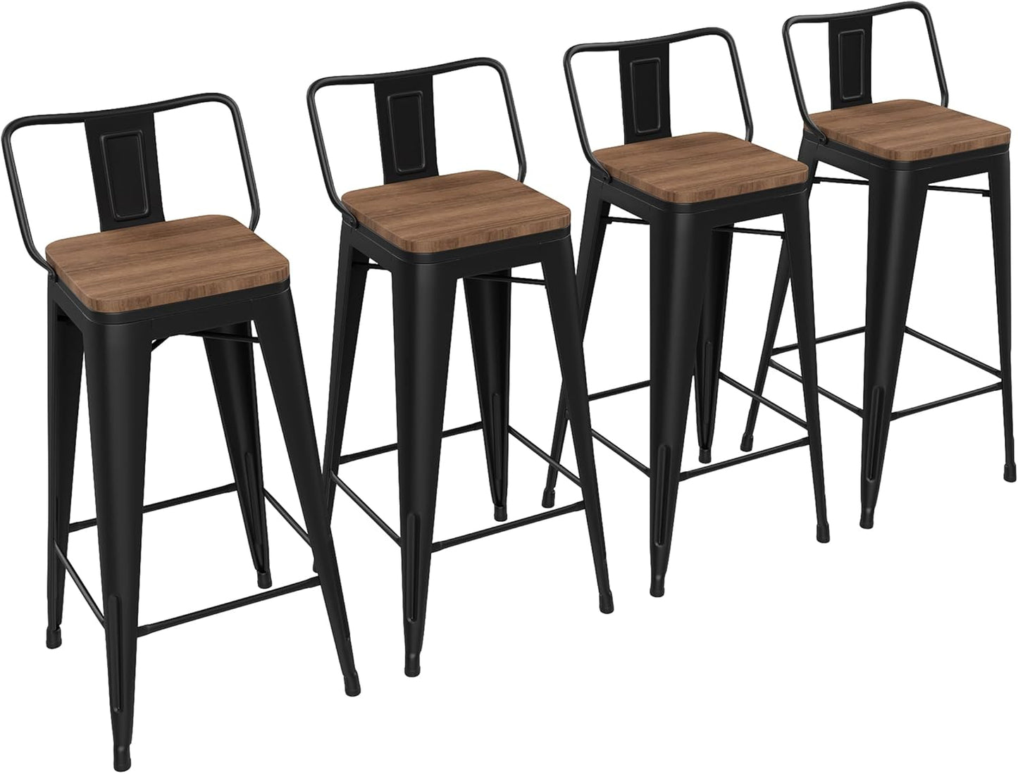 Yongchuang 24" Metal Barstools Set of 4 Counter Bar Stools with Wood Top Low Back Matte Black