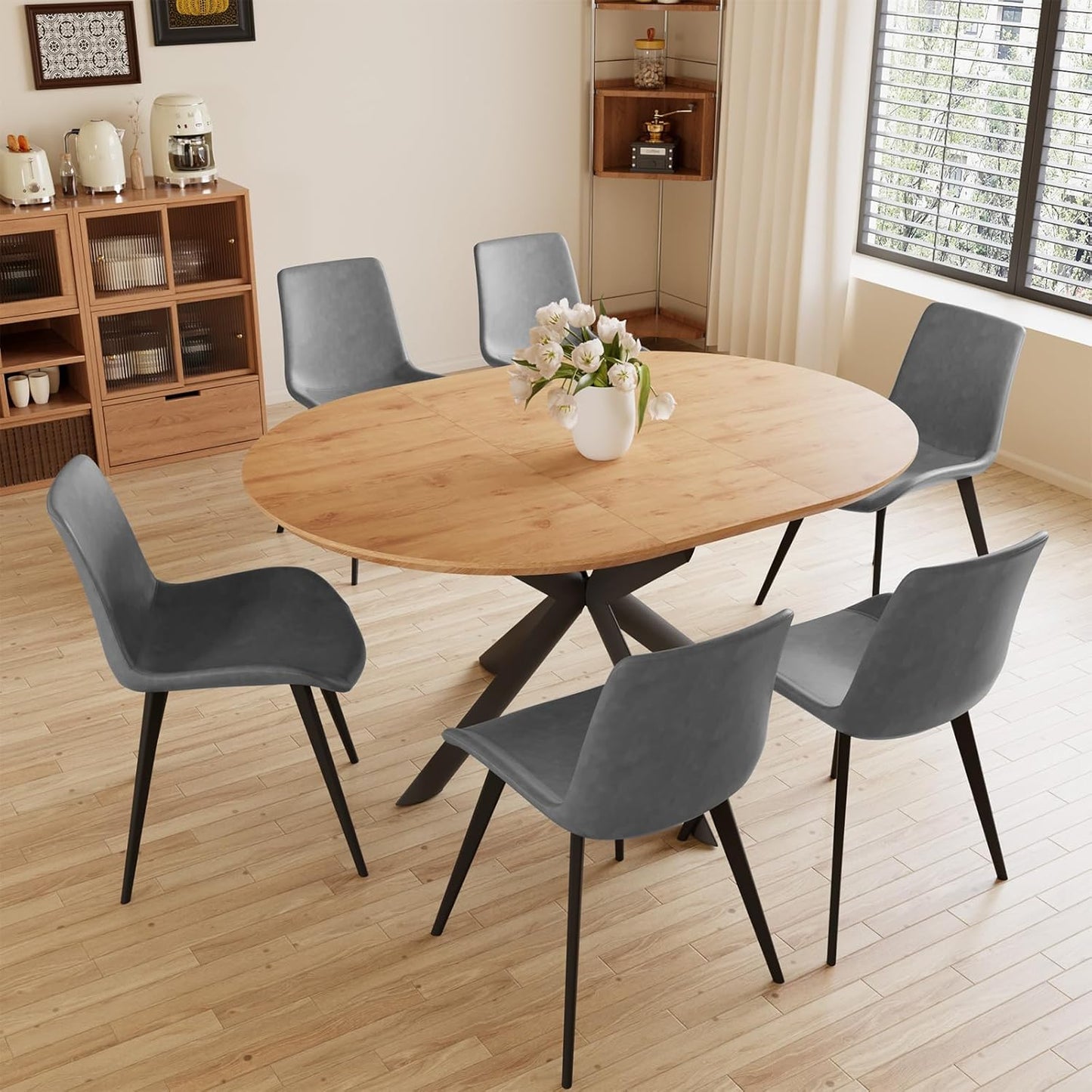 43.2"-59.1" Extendable Round Dining Table, Mid Century Modern Wooden Round Table, Leisure Oak Coffee Table,Saving Space