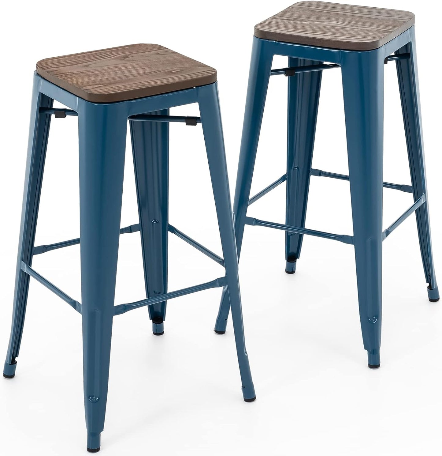 Brage Living 30 Inch Metal Bar Stools with Square Solid Elm Wood Seat Top, Backless Stackable Industrial Barstools Set of 2 (Black)