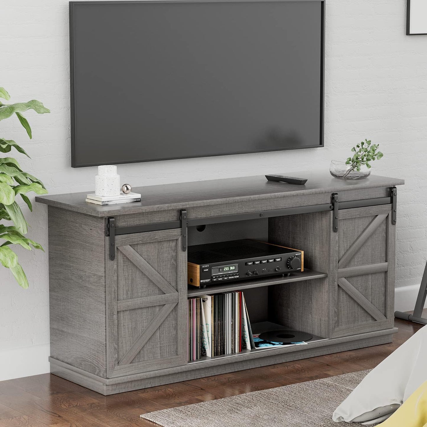 YESHOMY Farmhouse TV Stand for Televisions up to 65 Inches, Sliding Barn Doors and Storage Cabinets, Console Table and Media Furniture for Living Room, 58 Inch, Milk White