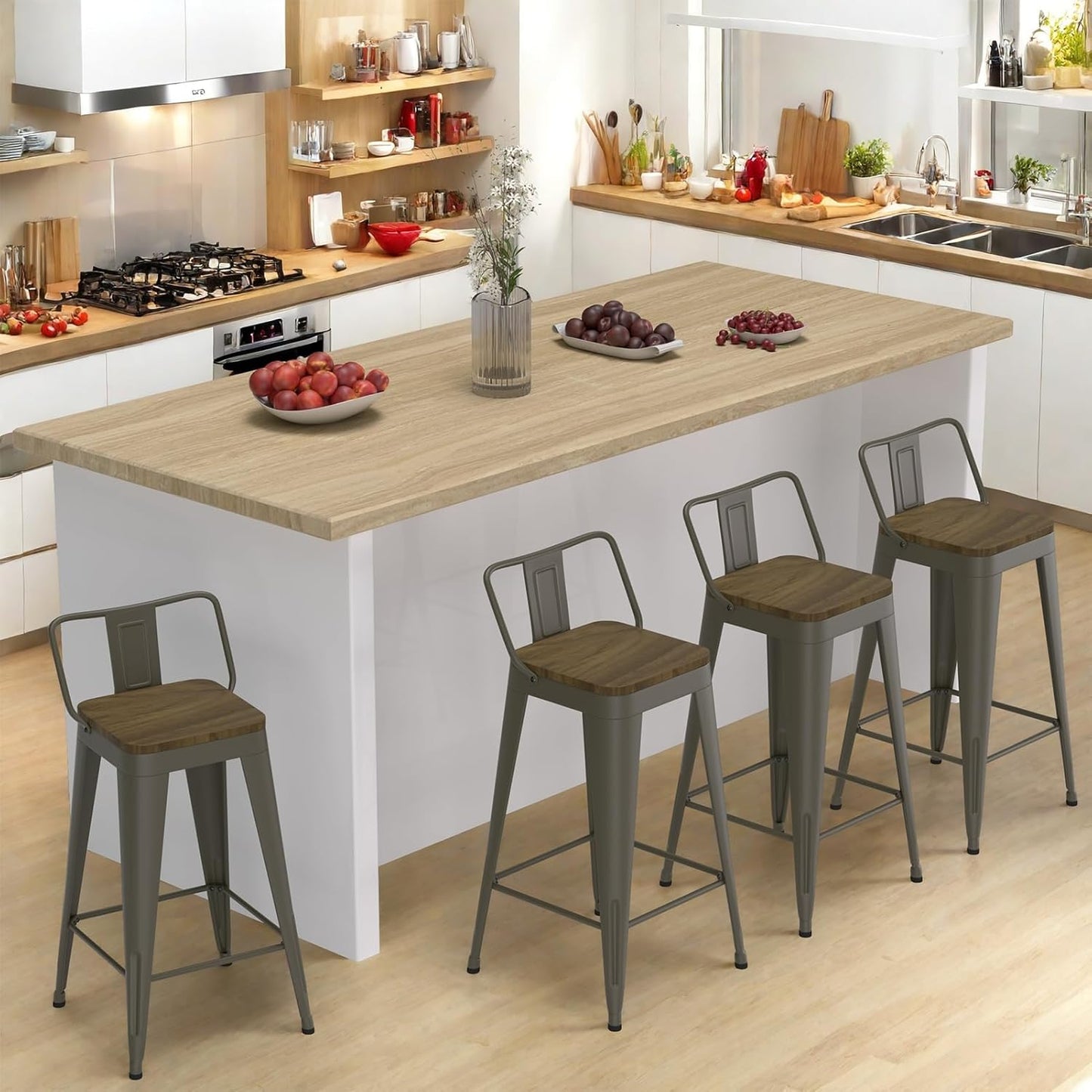 24 Inch Metal Bar Stools Set of 4, Counter Height Bar Stools with Low Back,Modern Industrial Bar Chairs for Kitchen (Matte Black)