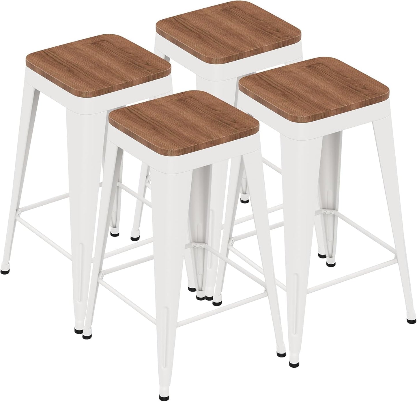 Barstools Set of 4 White Metal Bar Stools Industrial Modern Bar Chairs with Wood Top for Kitchen Island Counter Height Cafe Resturant Stools (Black Without Back, 26 inch Counter Height)