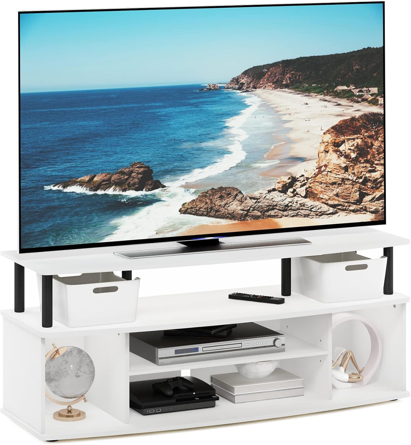 Furinno Jaya Large Entertainment Center Stand Unit/TV for up to 55 inch, Amber Pine/Black