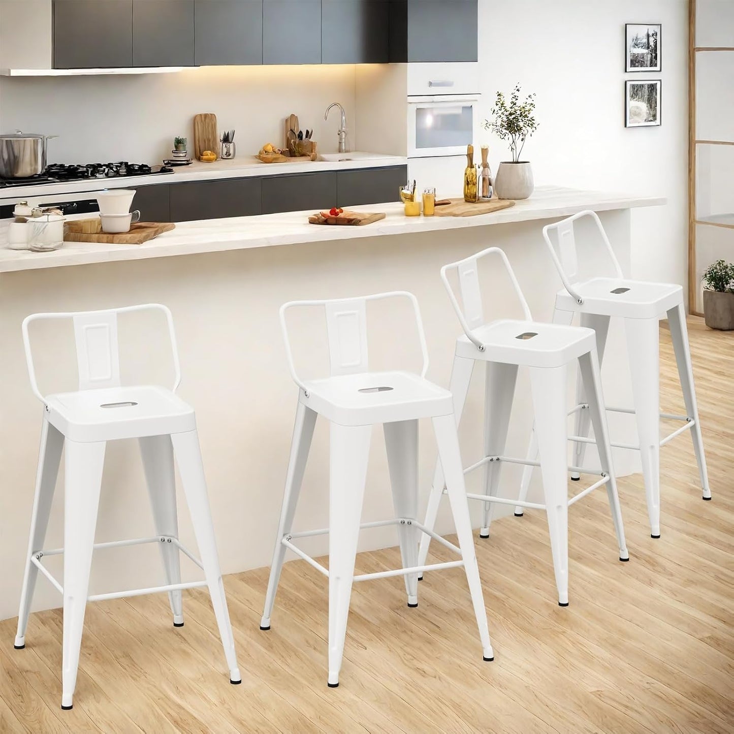 24 Inch Metal Bar Stools Set of 4, Counter Height Bar Stools with Low Back,Modern Industrial Bar Chairs for Kitchen (Matte Black)