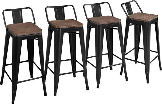 Yaheetech 30" Metal Barstools Set of 4 Bar Height Bar Stools with Wooden Top Low Back Industrial Bar Stools Metal Stool for Indoor-Outdoor Counter Stools with Wooden Seat Matte Black