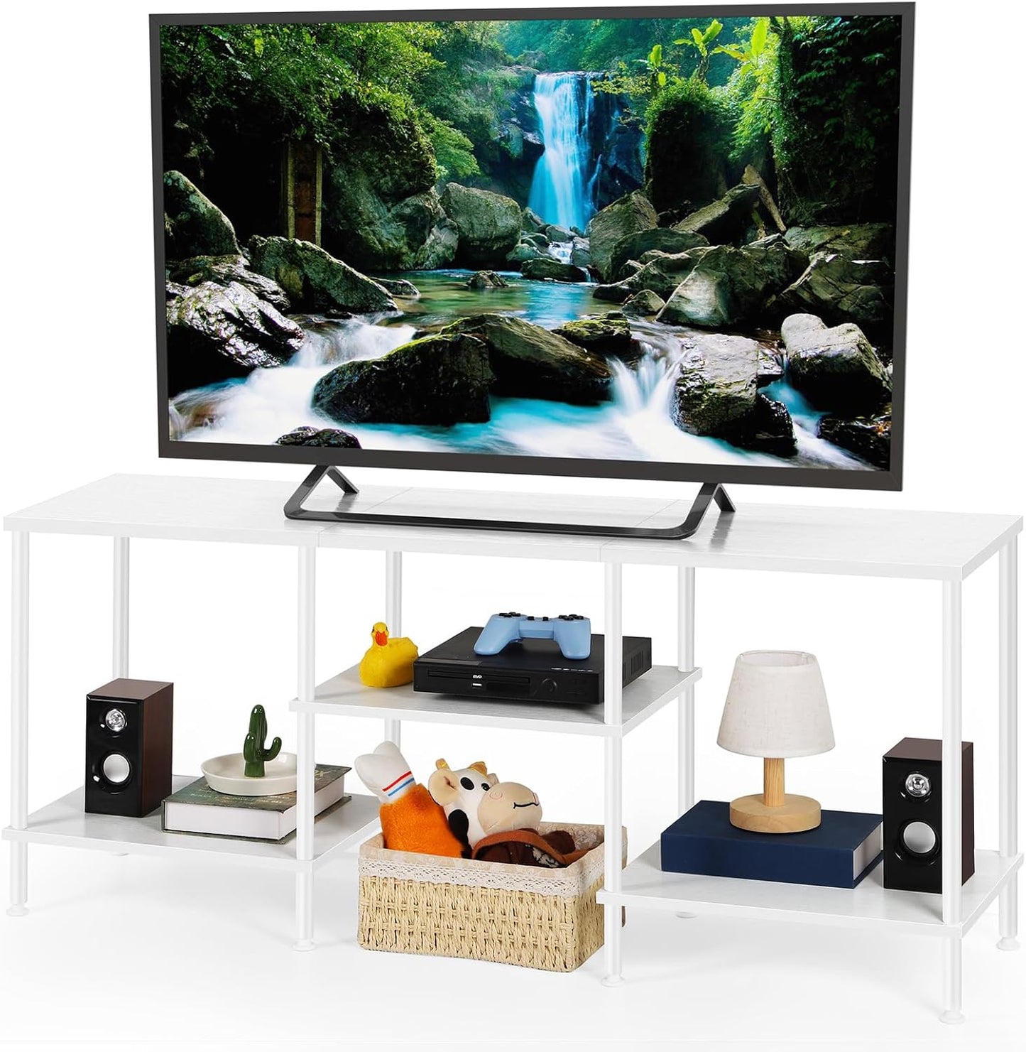 Industrial TV Stand with Storage for 50 inch TV Rustic TV Cabinet with Open Storage Shelf 3 Tier Entertainment Center Wood Console Table with Metal Round Tubes for Living Room Bedroom, Brown