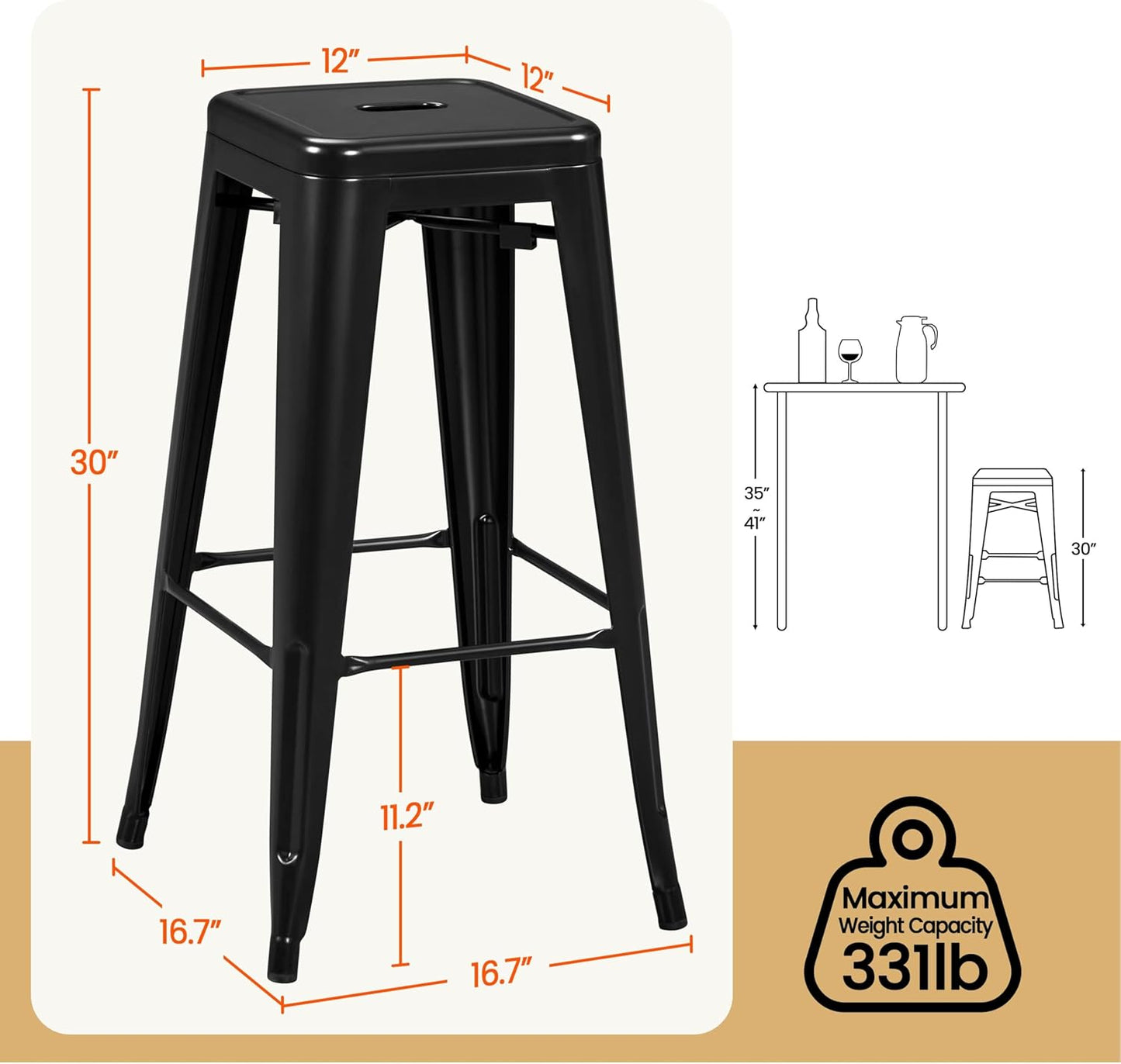 Yaheetech 30 Inches Metal Bar Stools, Set of 4 Bar Height Backless Bartools, Indoor/Outdoor Stackable Kitchen Dining Chair, High Patio Furniture, Black