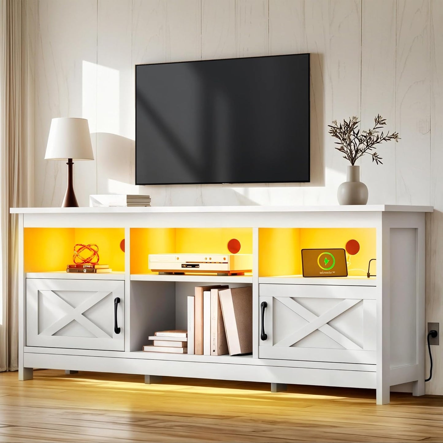 YITAHOME TV Stand for 65 Inch TVs, Entertainment Center with Storage Cabinets, Power Outlet & LED Light, Media TV Console with Barn Doors for Living Room, Black