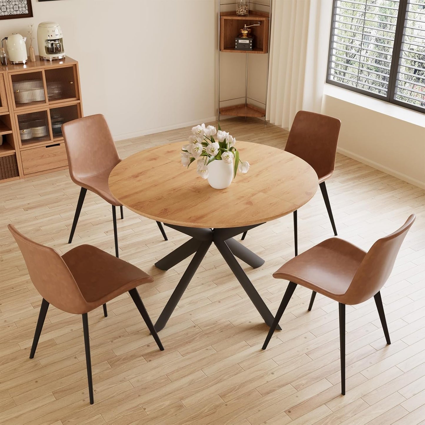 43.2"-59.1" Extendable Round Dining Table, Mid Century Modern Wooden Round Table, Leisure Oak Coffee Table,Saving Space