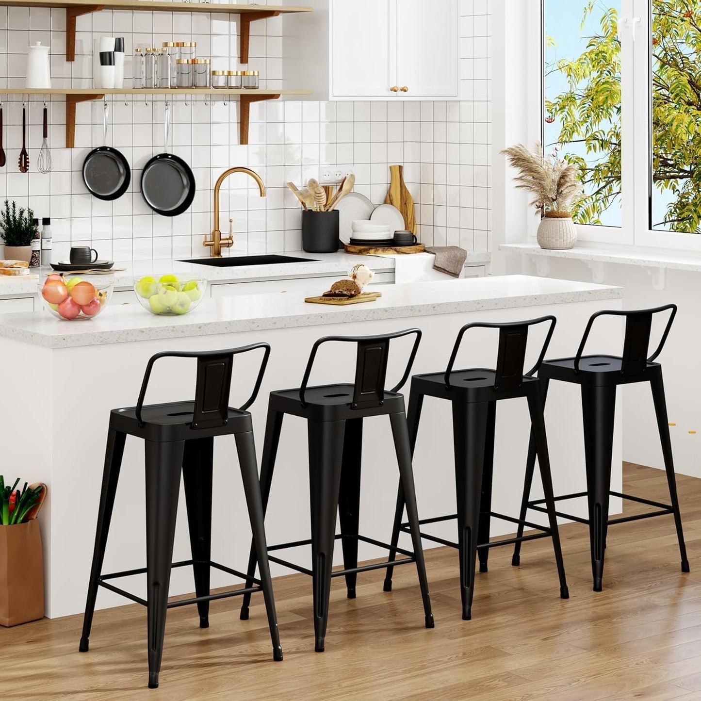 Metal Bar Stools Set of 4 Barstools Indoor/Outdoor Counter Height Bar Stools Bar Chairswith Back Counter Height for Kitchen Island Dining Room (Black, 26inch)
