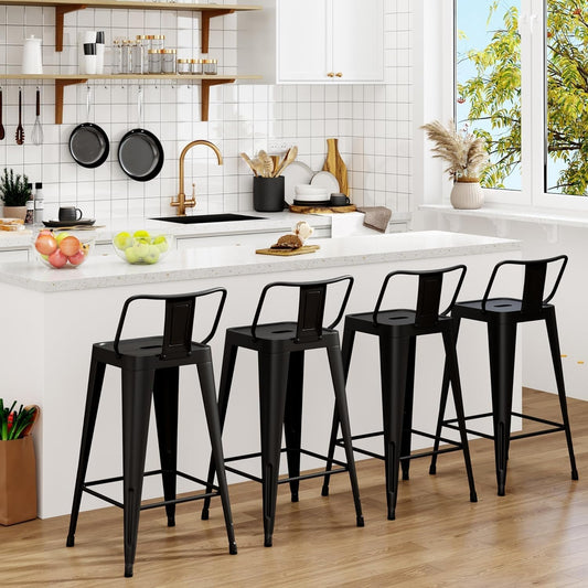Metal Bar Stools Set of 4 Barstools Indoor/Outdoor Counter Height Bar Stools Bar Chairswith Back Counter Height for Kitchen Island Dining Room (Black, 26inch)