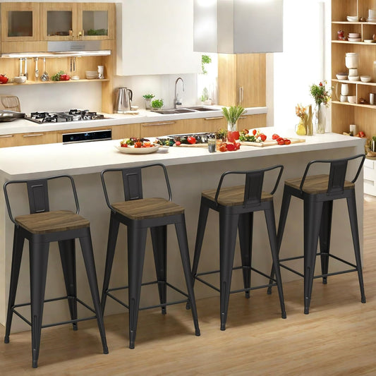 Black Bar Stools Set of 4, Metal Bar Stools with Wooden Seat, Modern 24”Counter Height Barstools with Low Back