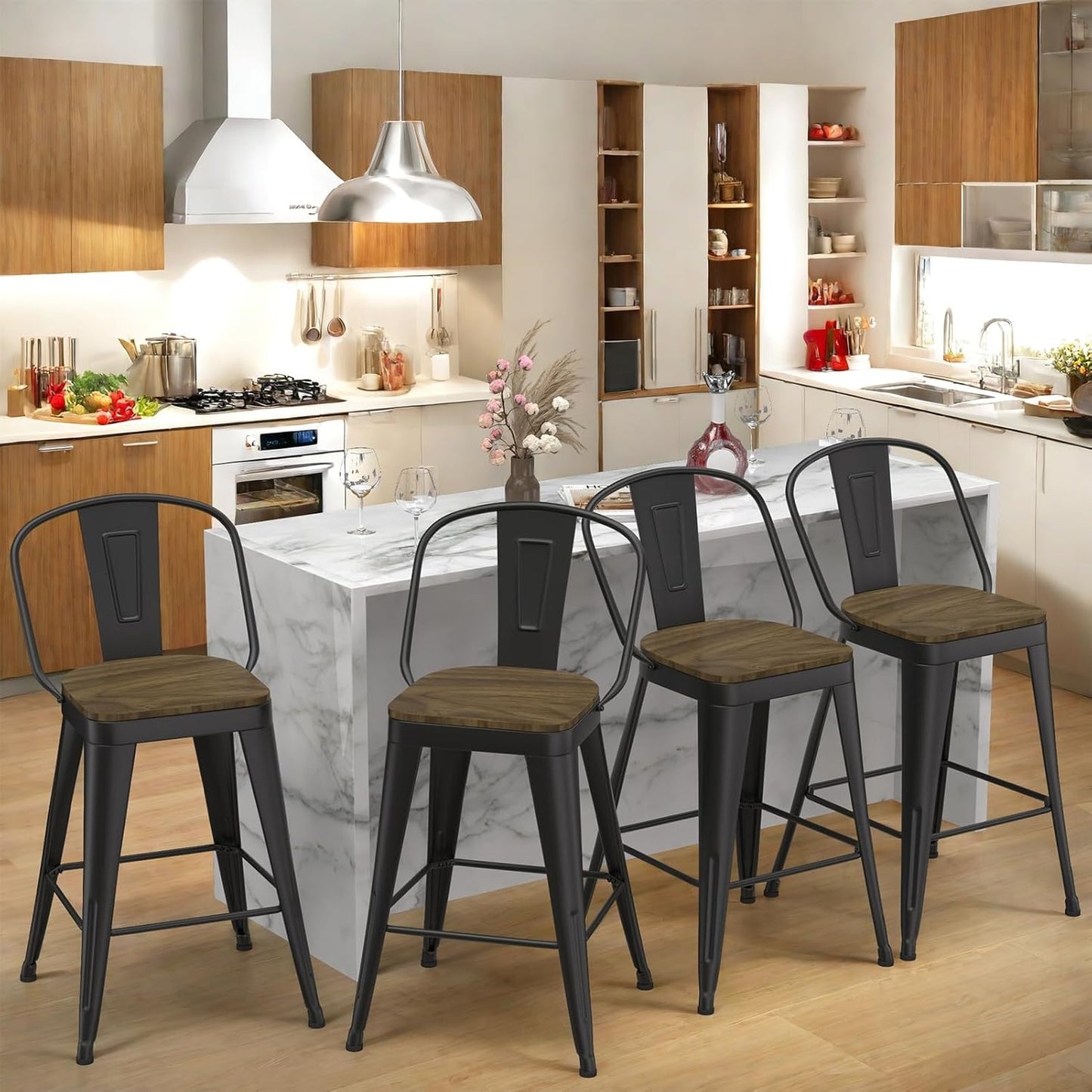 24 Inch Metal Bar Stools Set of 4, Counter Height Bar Stools with Low Back,Modern Industrial Bar Chairs for Kitchen (Matte Black)