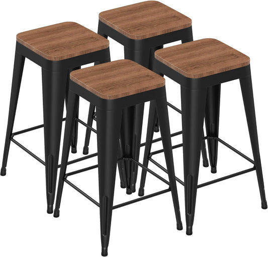 Barstools Set of 4 White Metal Bar Stools Industrial Modern Bar Chairs with Wood Top for Kitchen Island Counter Height Cafe Resturant Stools (Black Without Back, 26 inch Counter Height)