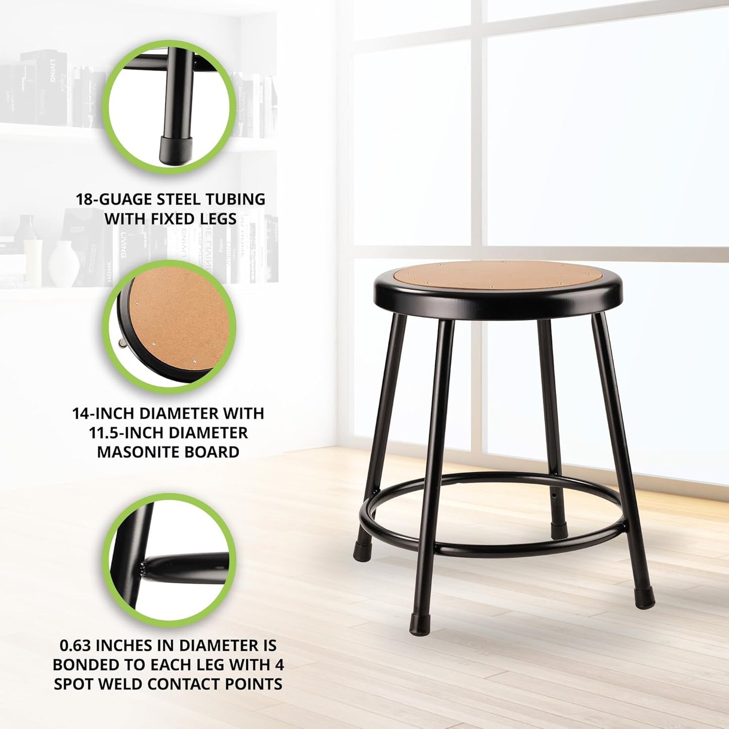 National Public Seating 6200 Series Heavy Duty 18 Inch Steel Stool with 1 Inch Round Seat Pan Supports up to 500 Pounds, Black Frame and Legs