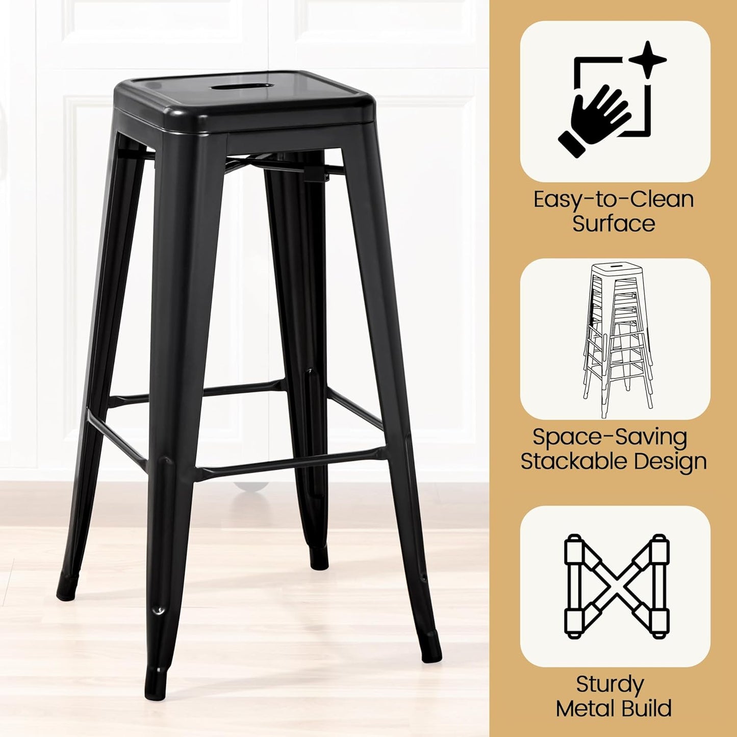 Yaheetech 30 Inches Metal Bar Stools, Set of 4 Bar Height Backless Bartools, Indoor/Outdoor Stackable Kitchen Dining Chair, High Patio Furniture, Black
