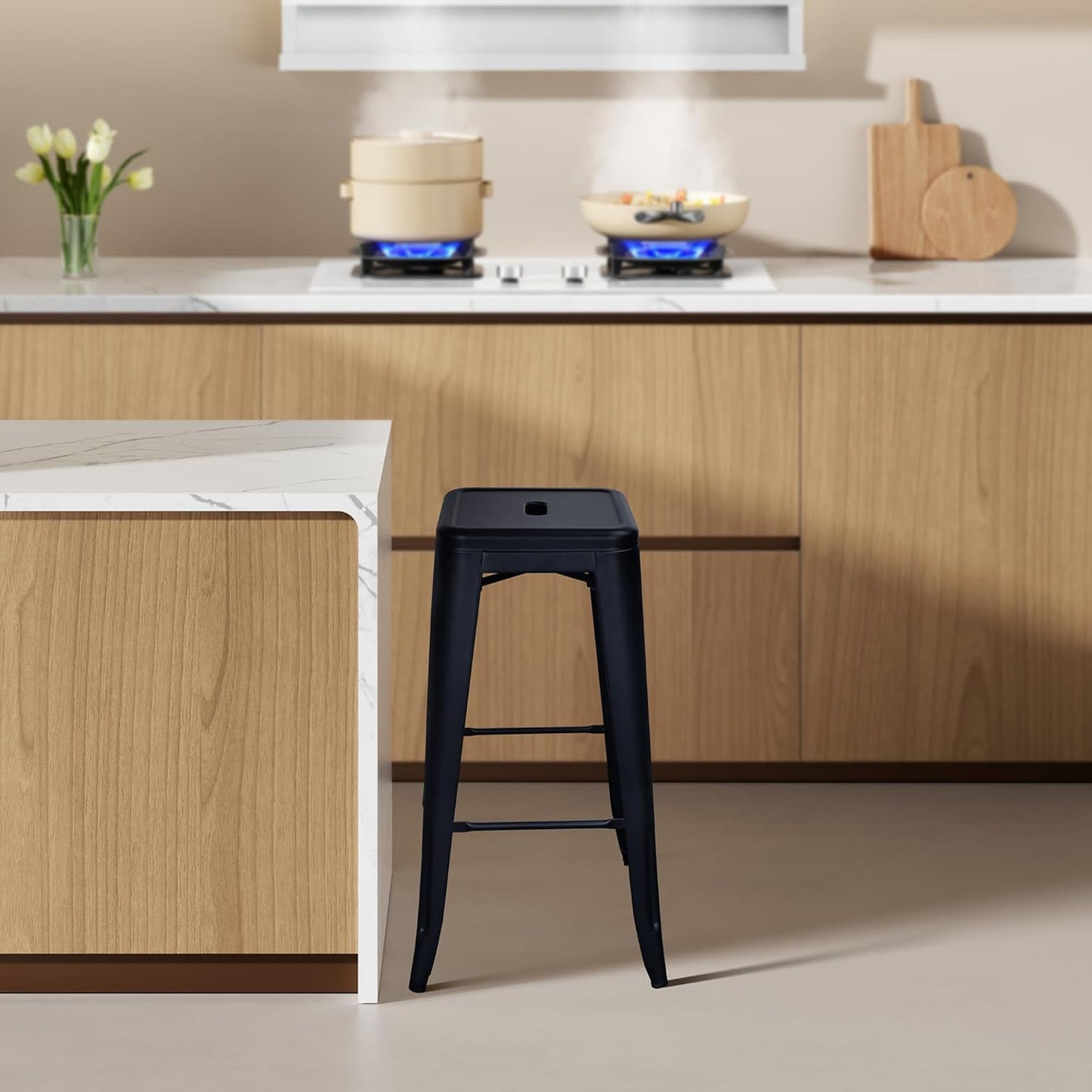 30 Inches Metal Bar Stools, High Backless Stools, Indoor Outdoor Stackable Kitchen Stools, Set of 4, Graphite