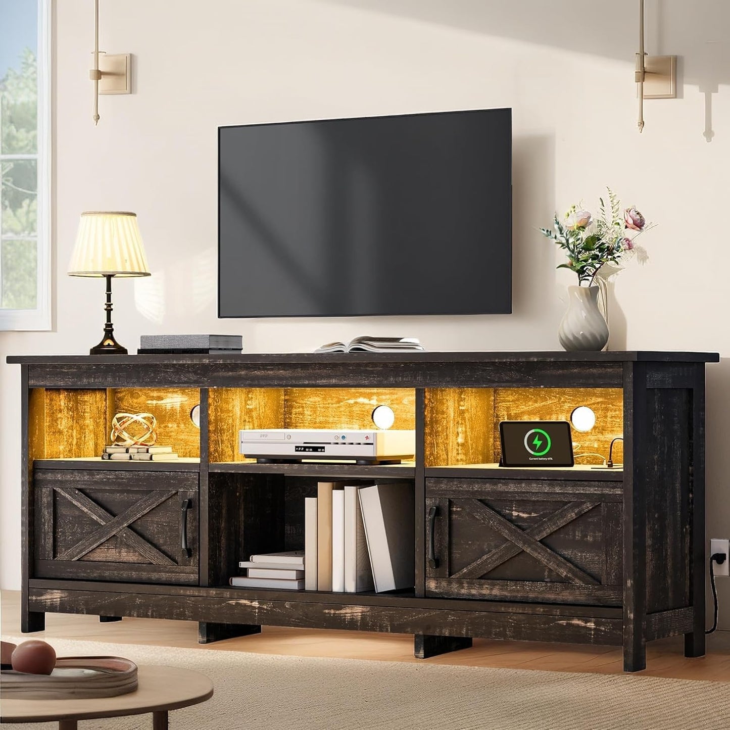 YITAHOME TV Stand for 65 Inch TVs, Entertainment Center with Storage Cabinets, Power Outlet & LED Light, Media TV Console with Barn Doors for Living Room, Black