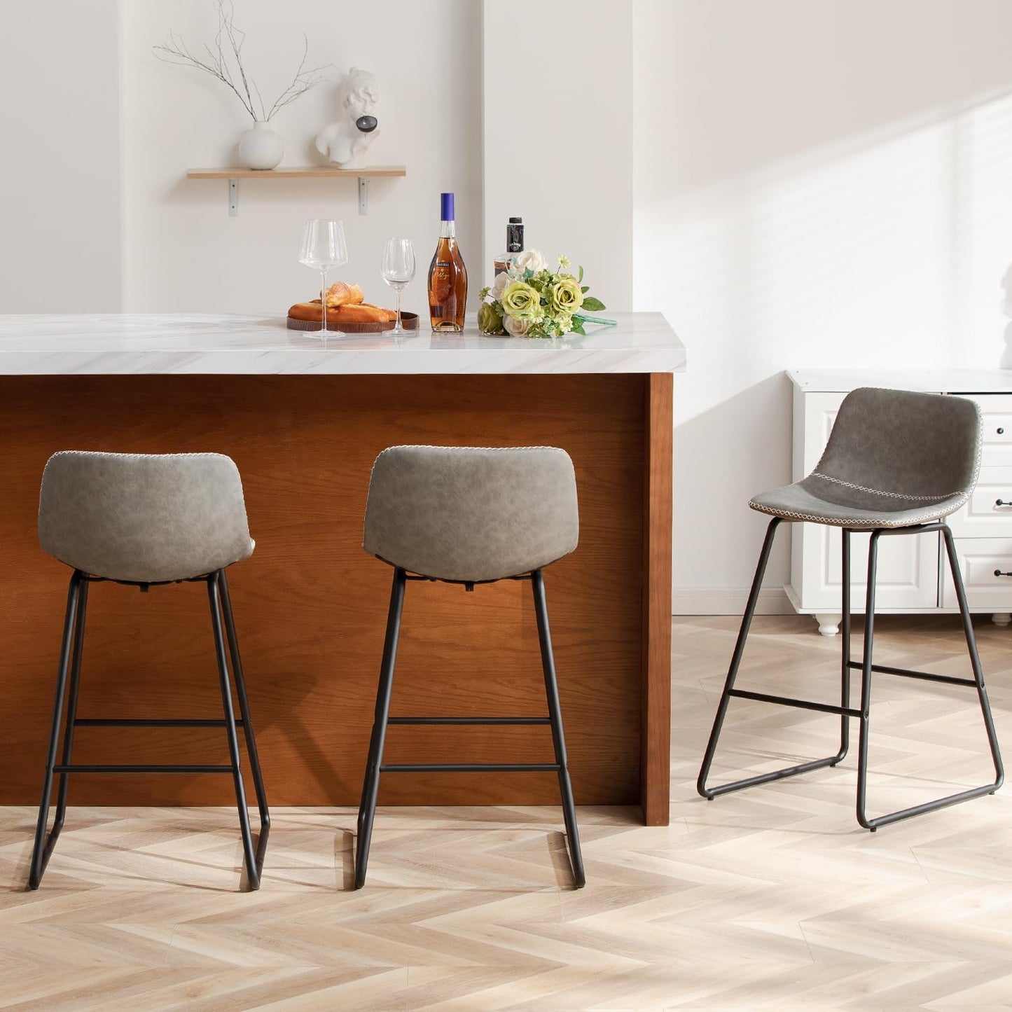 HeuGah Bar stools Set of 2,Faux Leather Counter Height Bar Stools,Dining Room Chairs with Metal Legs & Soft Backrest Easy to Assemble