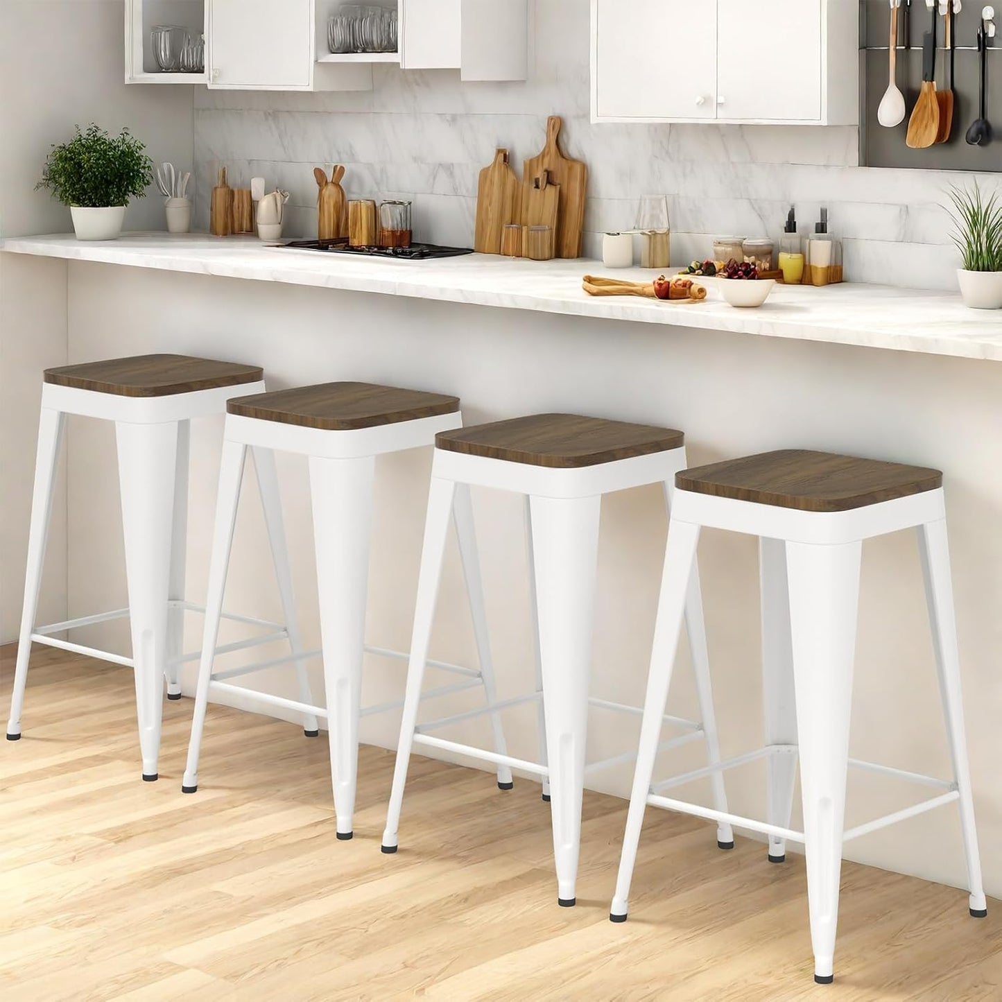 24 Inch Metal Bar Stools Set of 4, Counter Height Bar Stools with Low Back,Modern Industrial Bar Chairs for Kitchen (Matte Black)