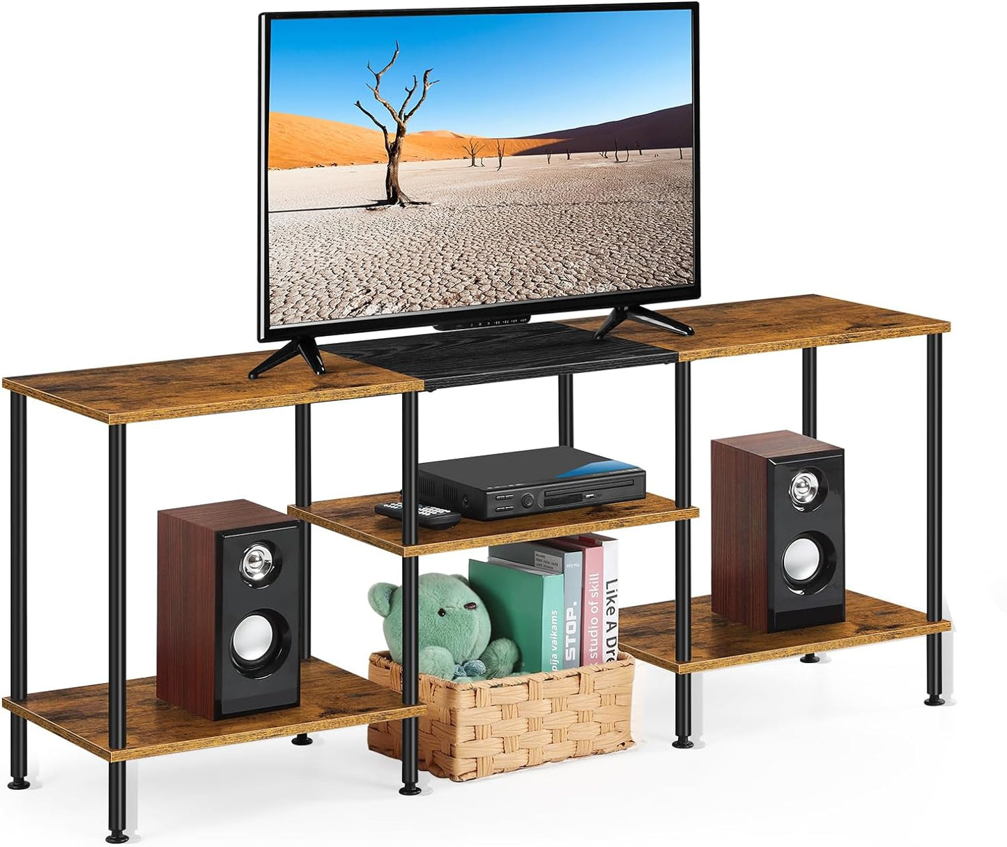 Industrial TV Stand with Storage for 50 inch TV Rustic TV Cabinet with Open Storage Shelf 3 Tier Entertainment Center Wood Console Table with Metal Round Tubes for Living Room Bedroom, Brown