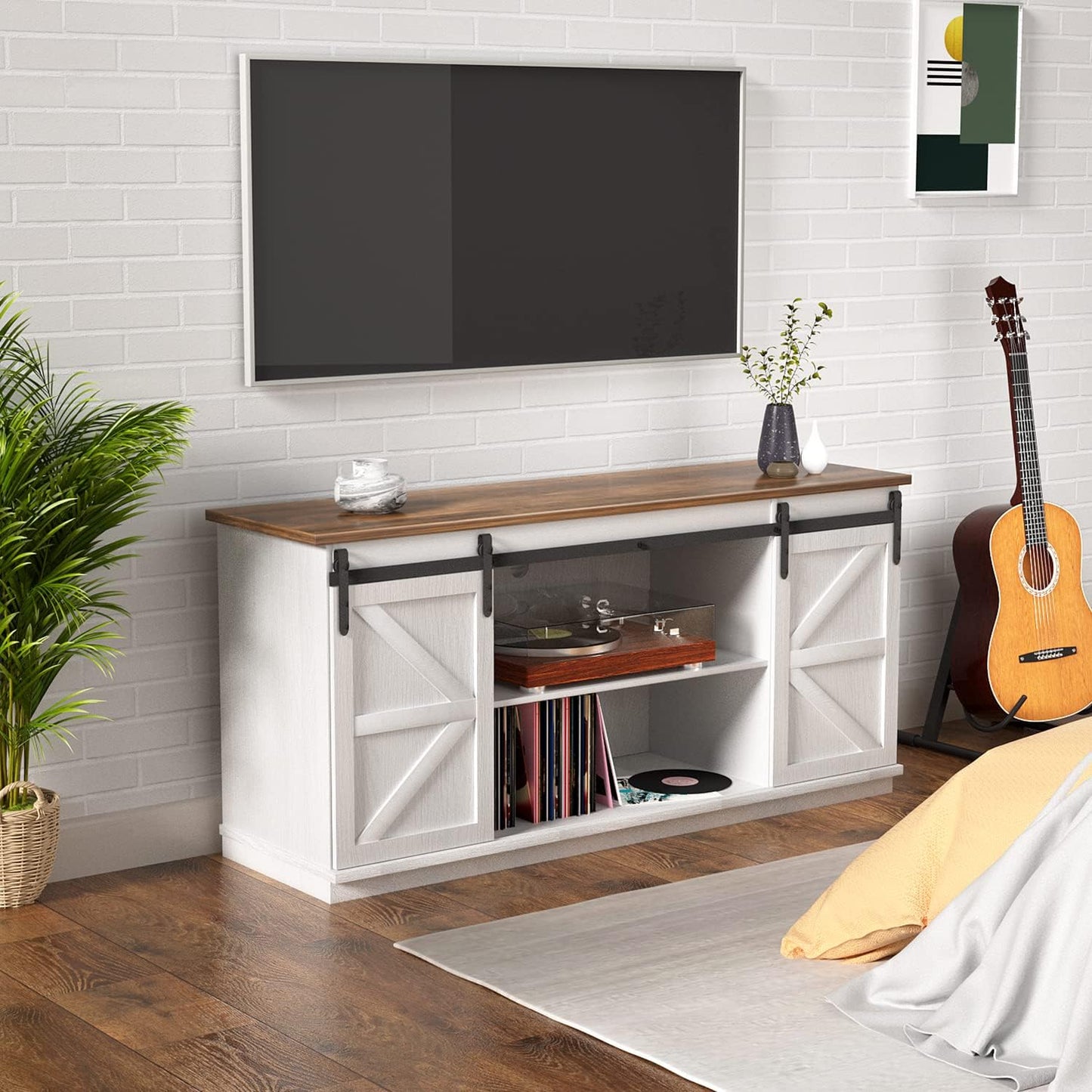 YESHOMY Farmhouse TV Stand for Televisions up to 65 Inches, Sliding Barn Doors and Storage Cabinets, Console Table and Media Furniture for Living Room, 58 Inch, Milk White