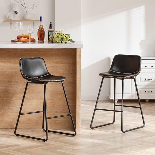 HeuGah Bar stools Set of 2,Faux Leather Counter Height Bar Stools,Dining Room Chairs with Metal Legs & Soft Backrest Easy to Assemble