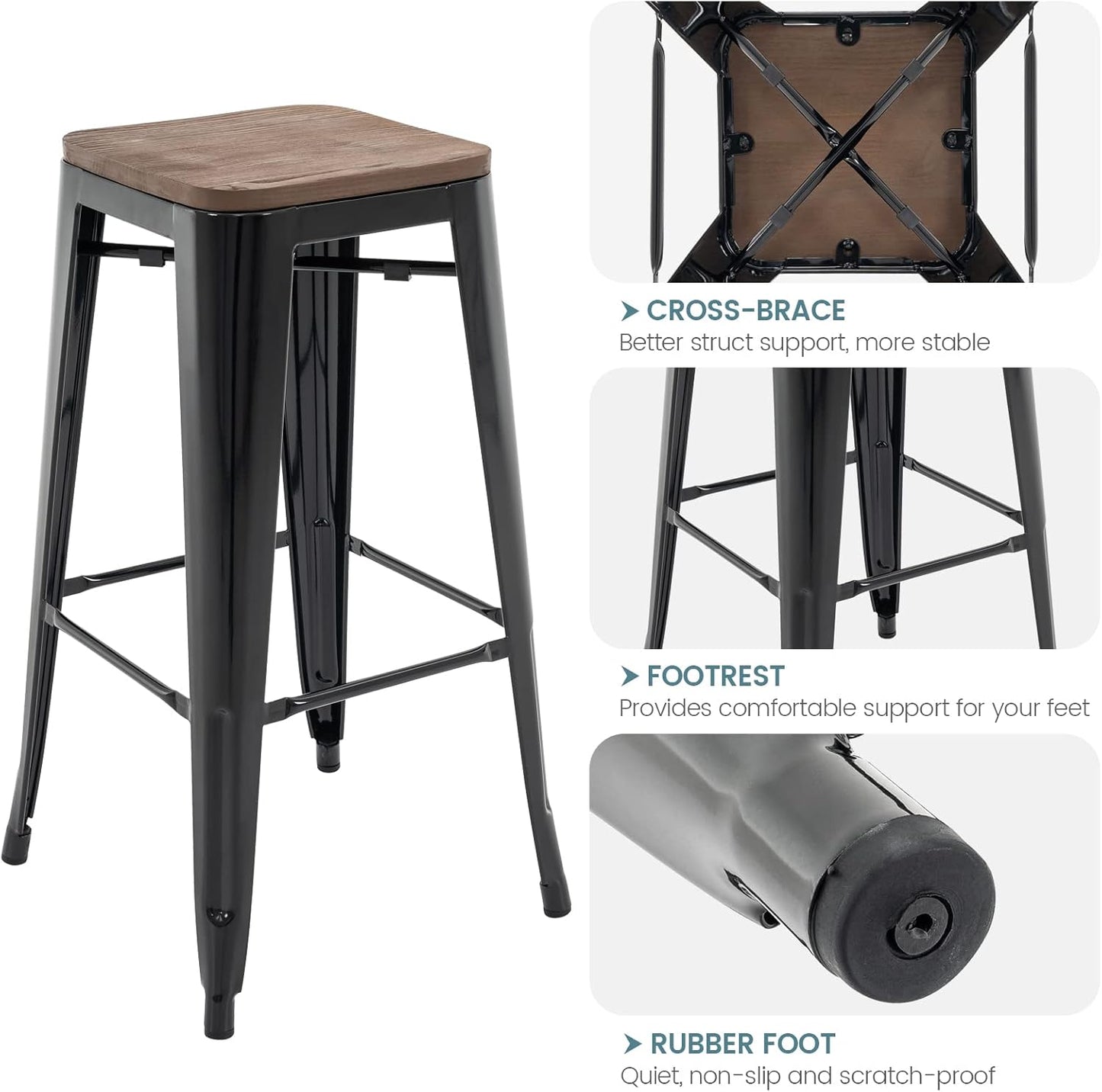Brage Living 30 Inch Metal Bar Stools with Square Solid Elm Wood Seat Top, Backless Stackable Industrial Barstools Set of 2 (Black)