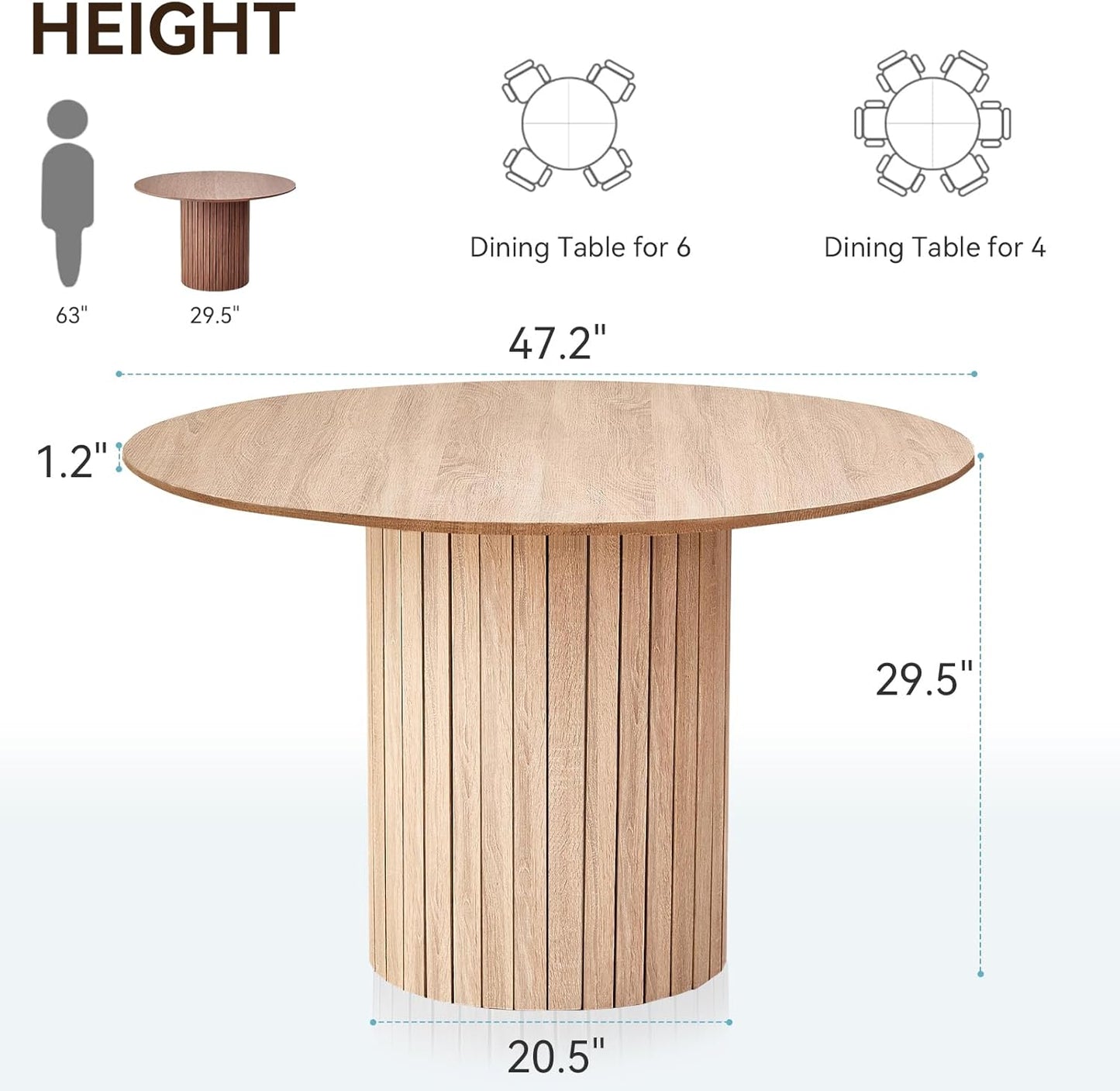 47" Round Dining Table for 4, [Chamfered Edge 1.2" Thickness Tabletop] Farmhouse Kitchen Table Circle Pedestal Dinner Table, φ47.2 x H 29.5"